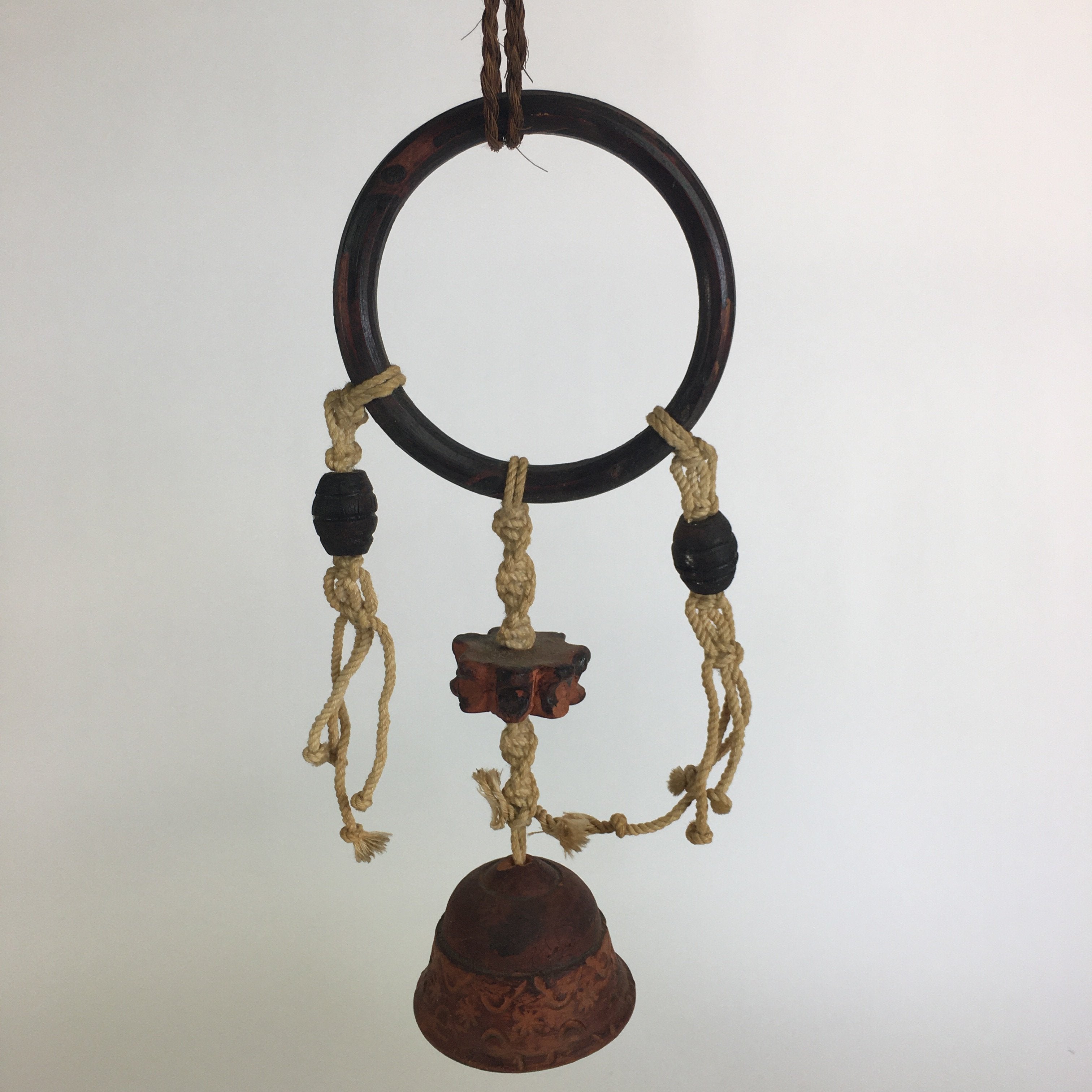 Japanese Clay Bell Vtg Dorei Ceramic Doll Wood Hanging Decoration Brown DR331