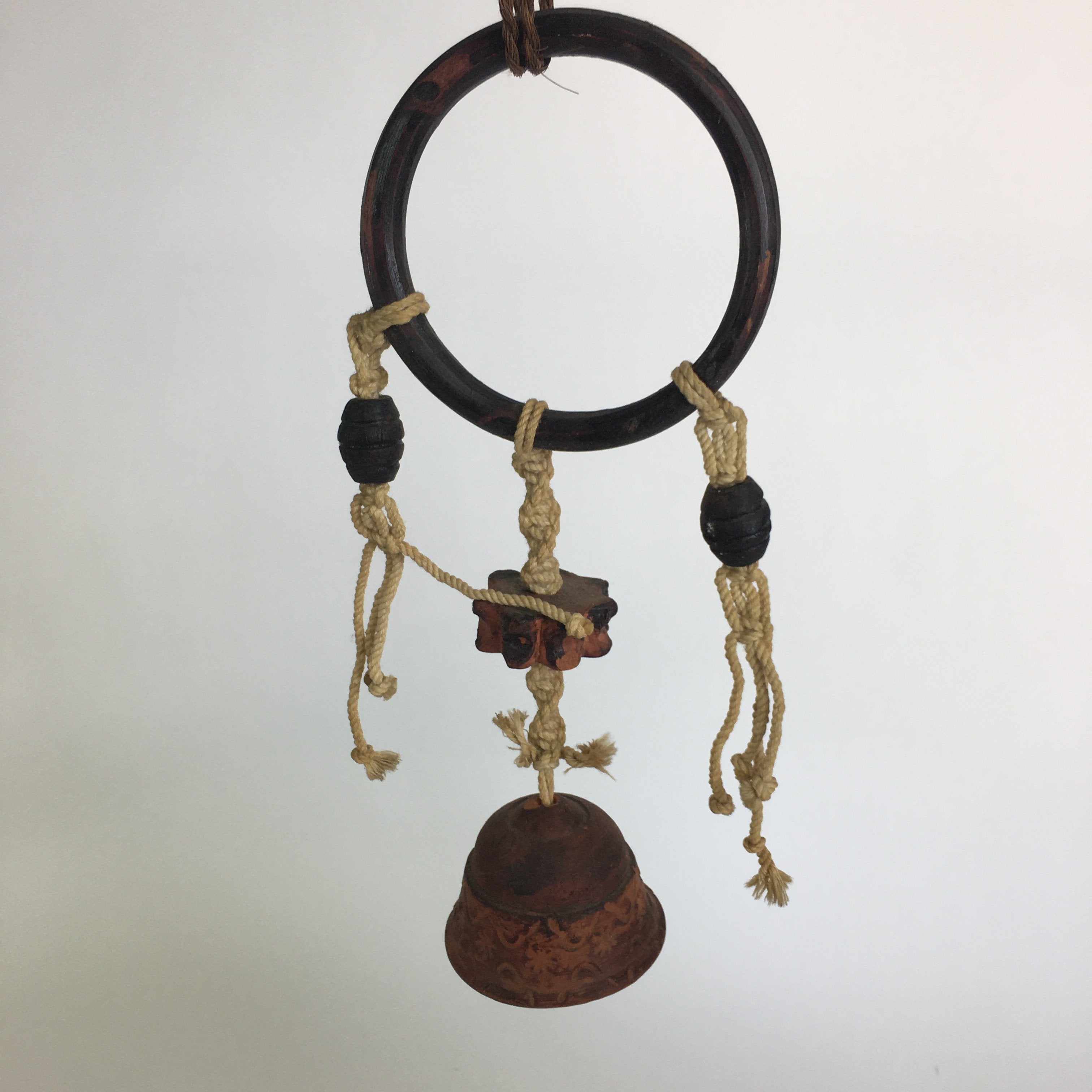 Japanese Clay Bell Vtg Dorei Ceramic Doll Wood Hanging Decoration Brown DR331