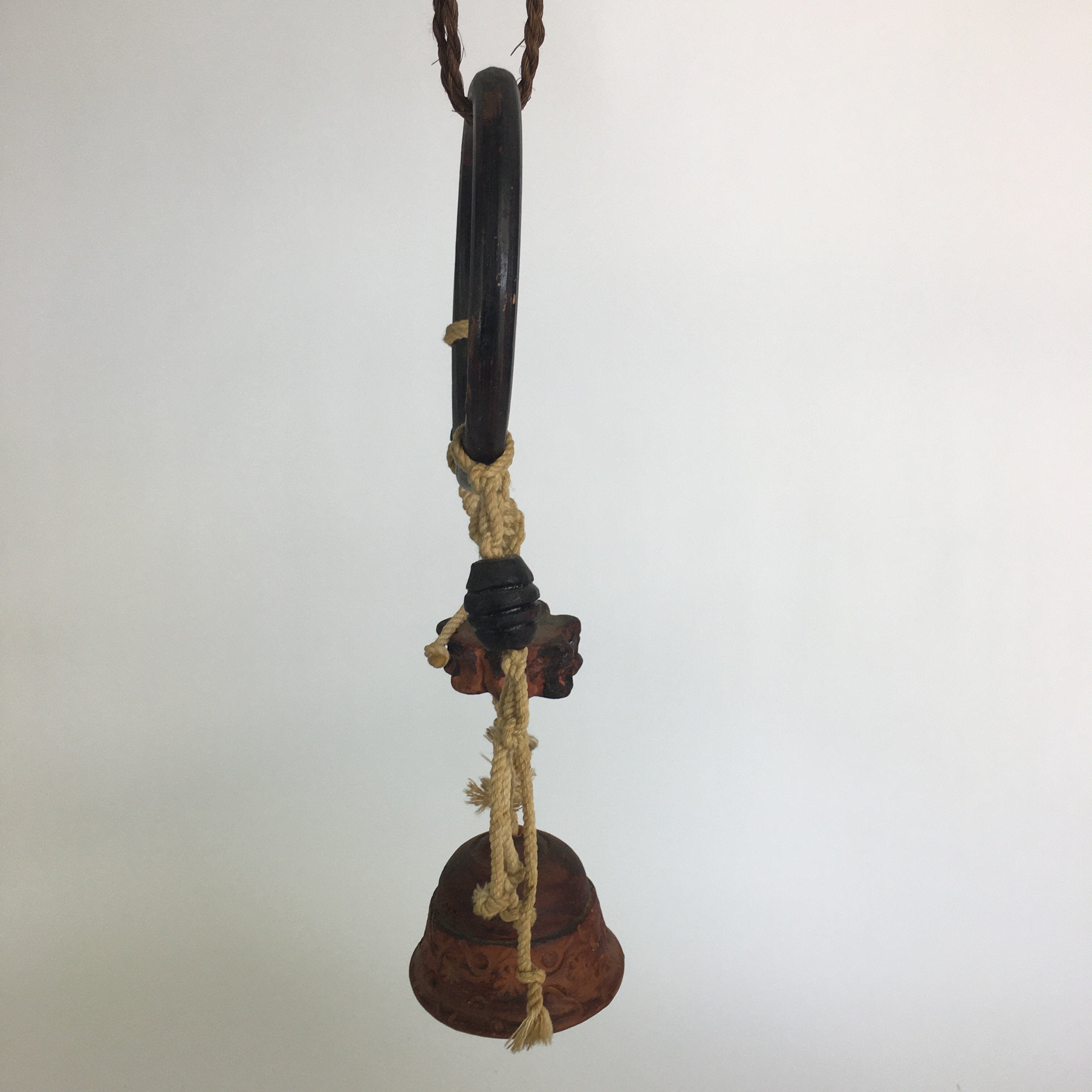 Japanese Clay Bell Vtg Dorei Ceramic Doll Wood Hanging Decoration Brown DR331
