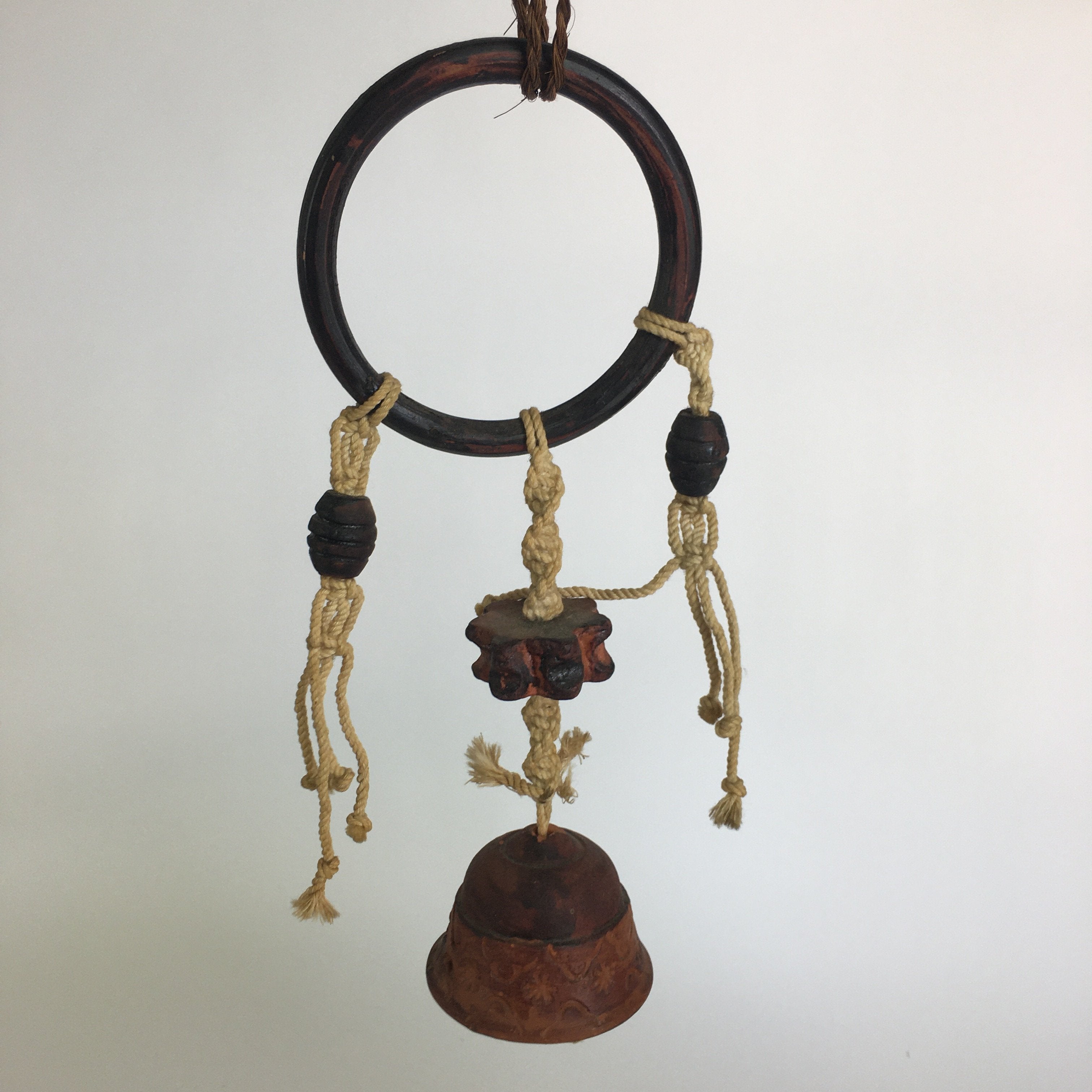 Japanese Clay Bell Vtg Dorei Ceramic Doll Wood Hanging Decoration Brown DR331