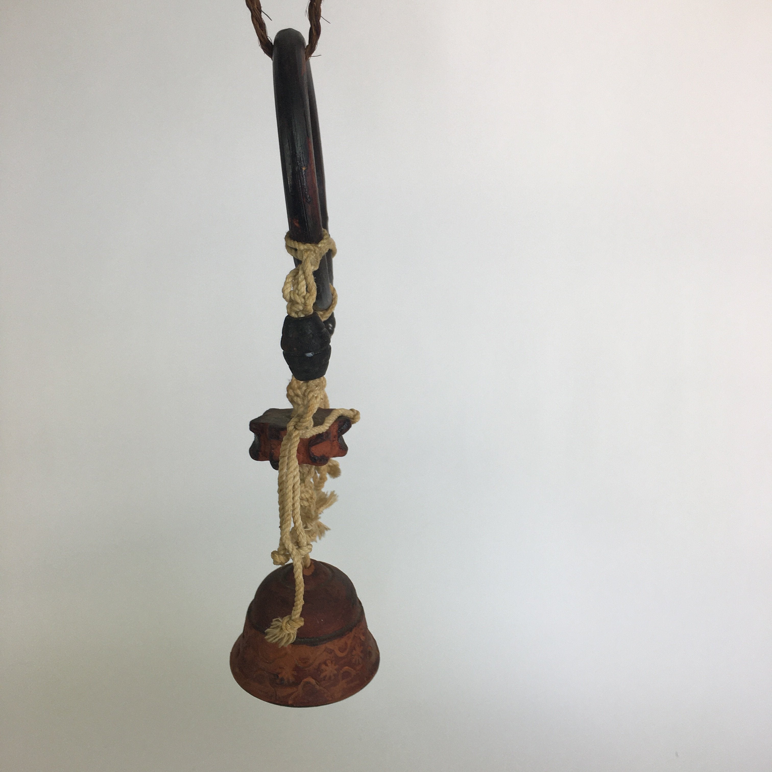 Japanese Clay Bell Vtg Dorei Ceramic Doll Wood Hanging Decoration Brown DR331