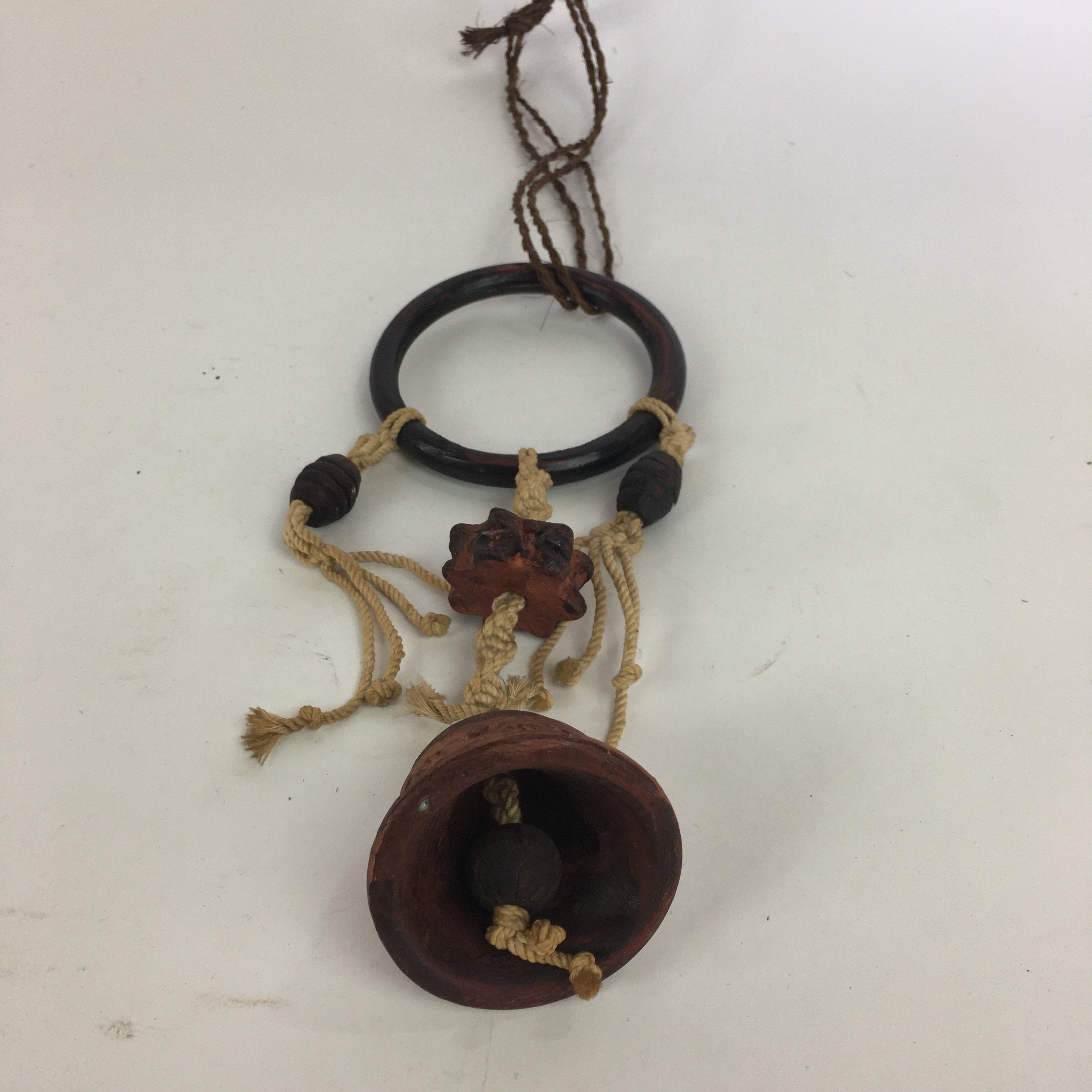 Japanese Clay Bell Vtg Dorei Ceramic Doll Wood Hanging Decoration Brown DR331