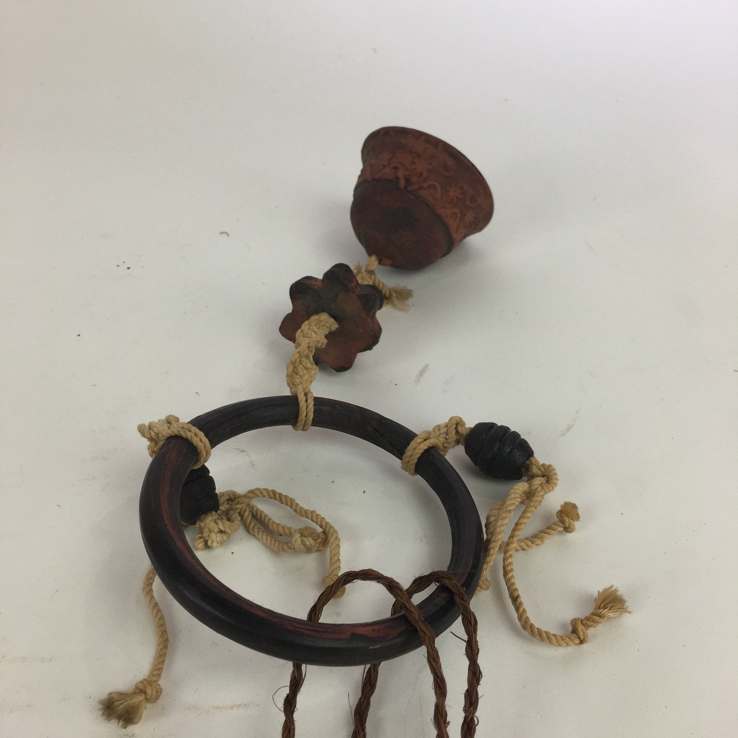 Japanese Clay Bell Vtg Dorei Ceramic Doll Wood Hanging Decoration Brown DR331