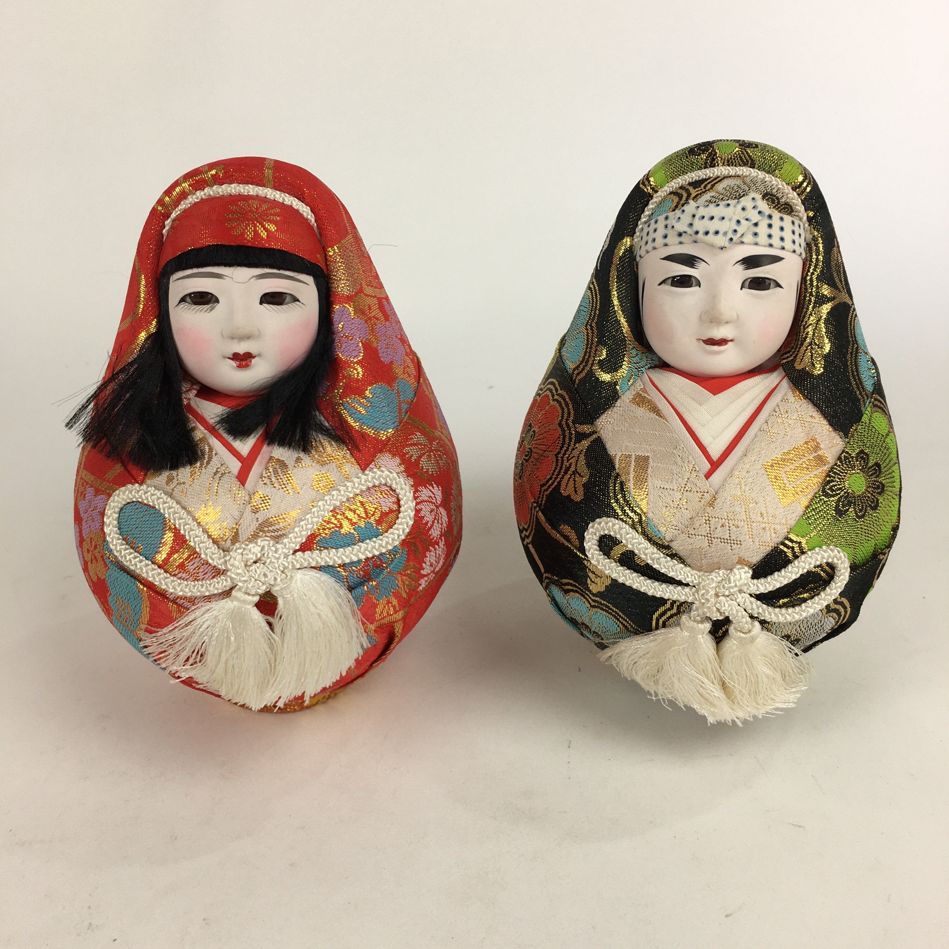 Japanese Wooden Doll Vtg Hime-Daruma Nishiki-Daruma 2pc Statues Set BD727