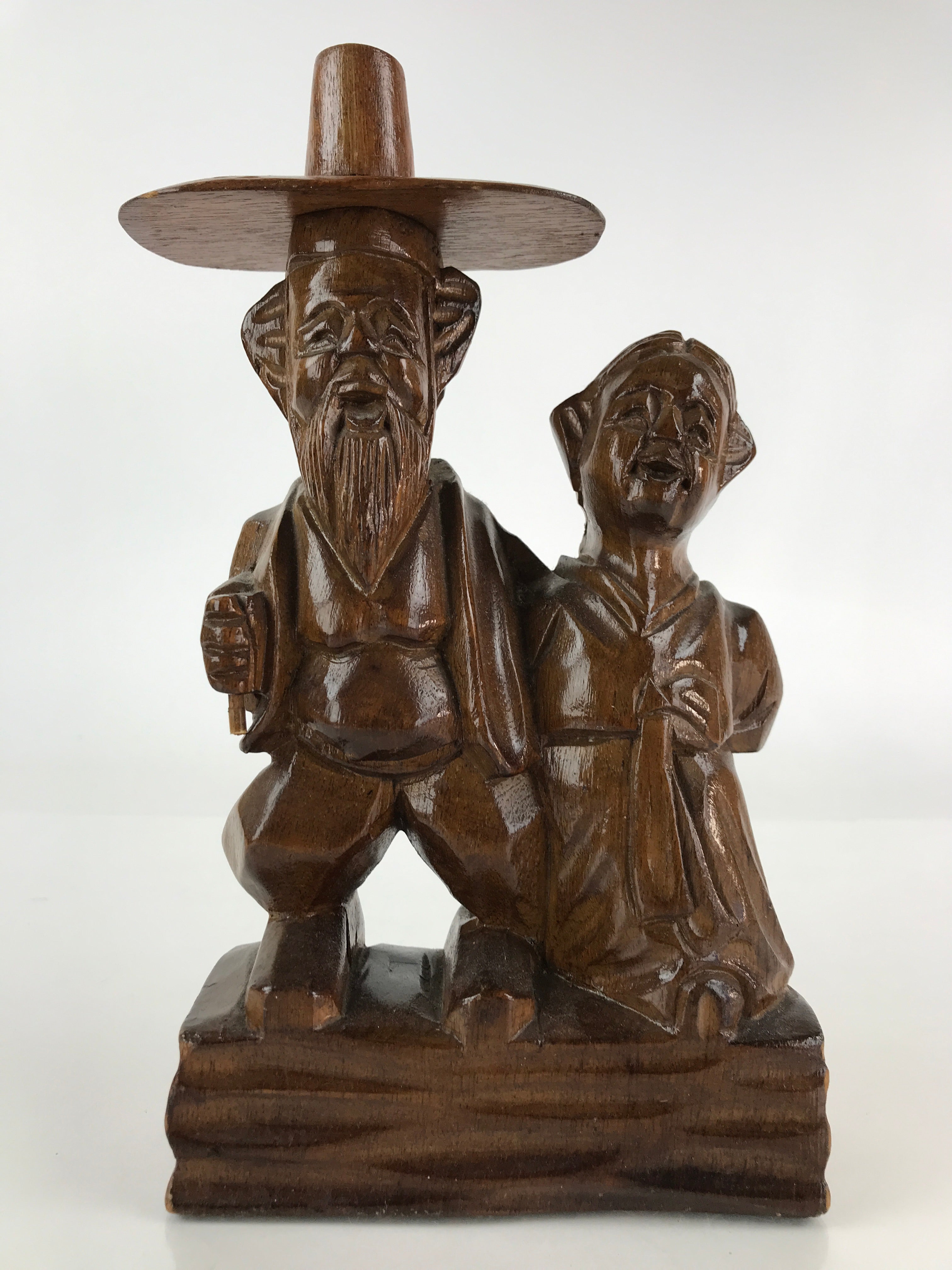 Korean Wood Carving Old Couple Figurine Vtg Hand-Crafted Brown Woodcraft BD841