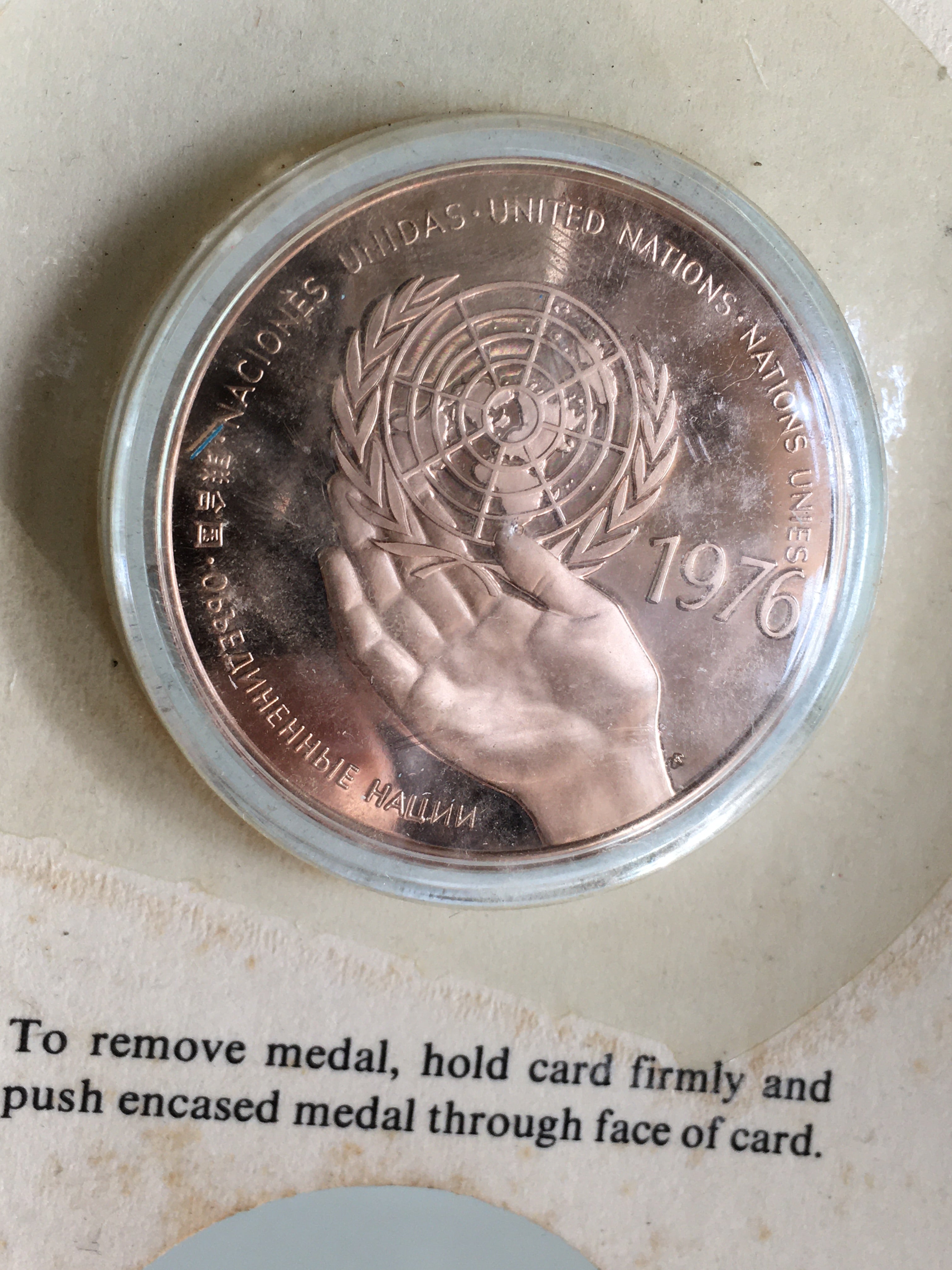 UNITED NATIONS 1976 Medal Vtg Medallion Neck Chain Medal Case JK411