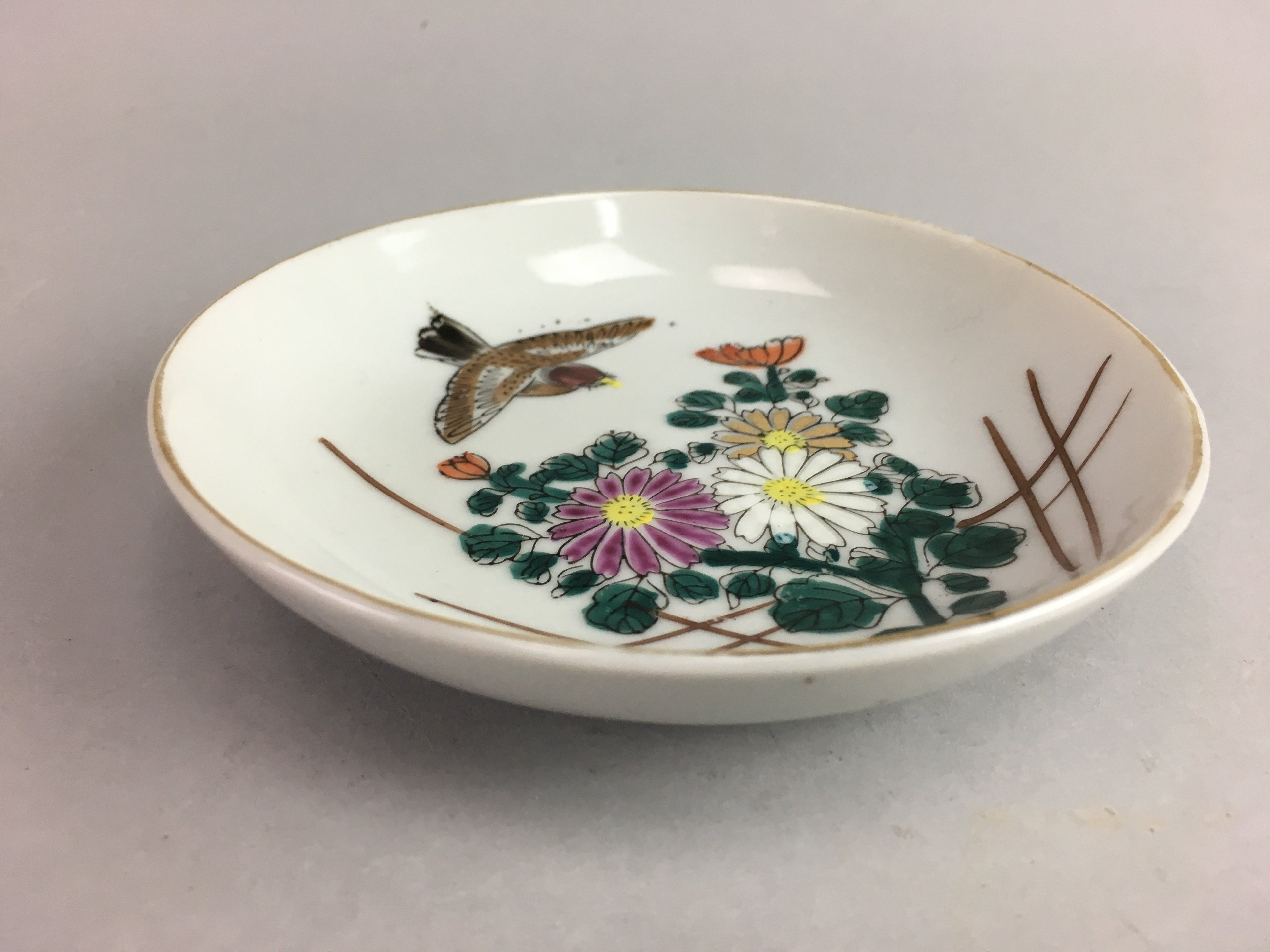 Vtg Japanese Porcelain Plate Chrysanthemum Sparrow Flower Bird Hand painted PT49