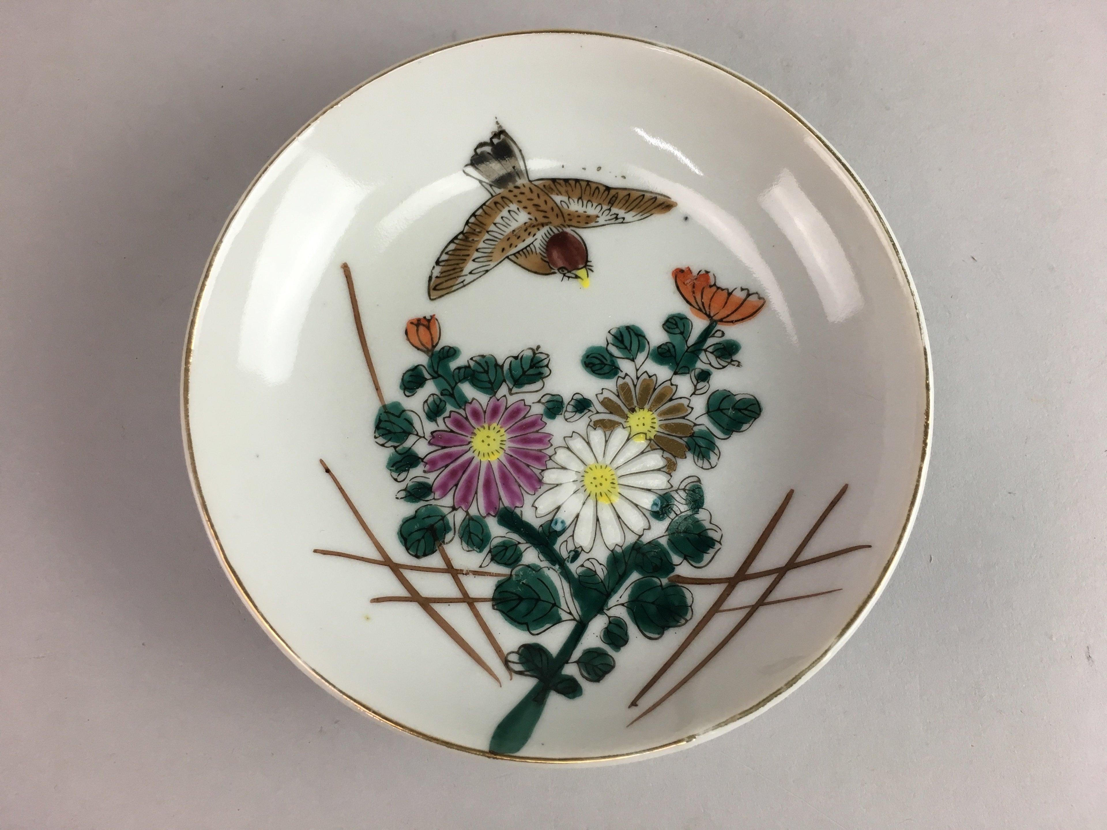 Vtg Japanese Porcelain Plate Chrysanthemum Sparrow Flower Bird Hand painted PT49