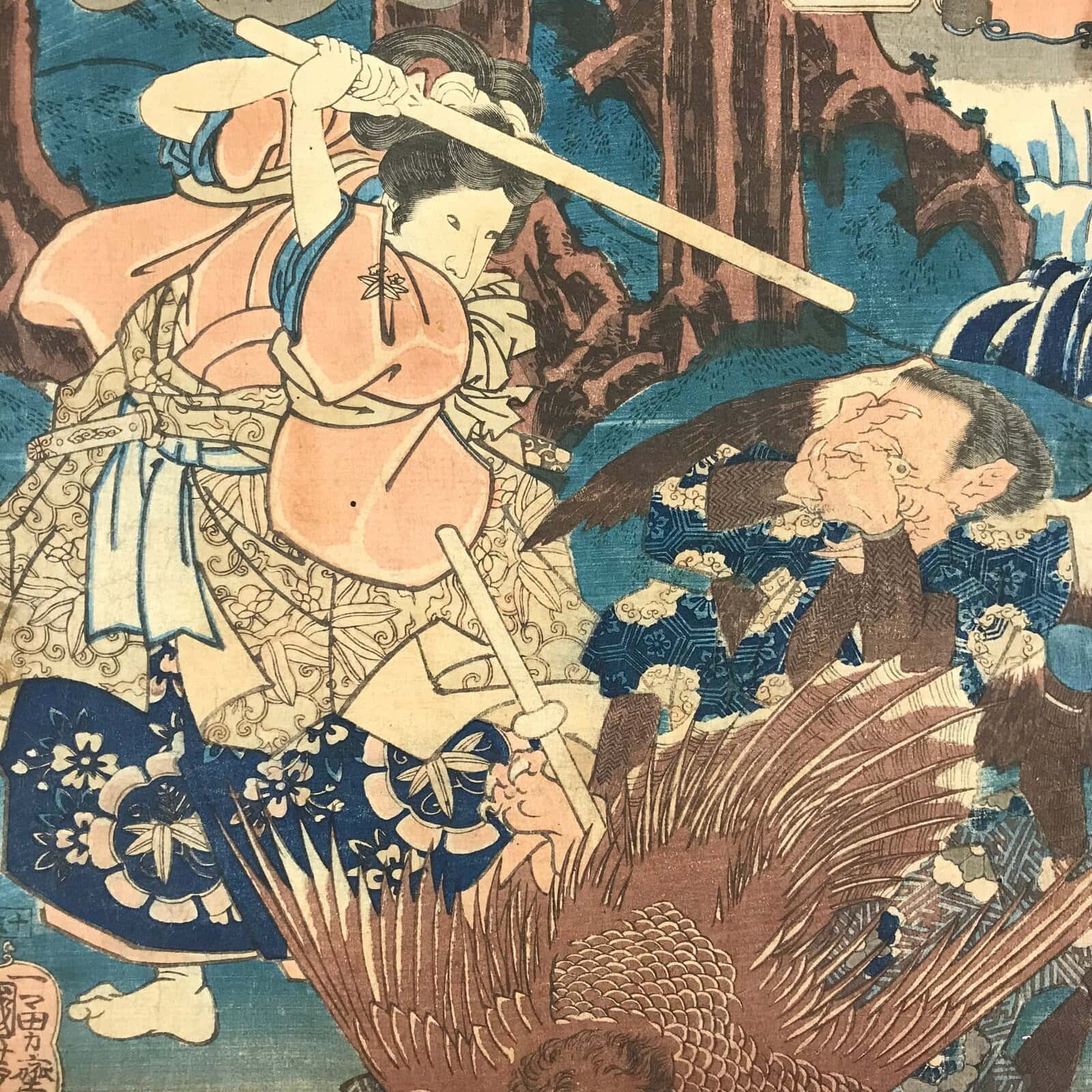 Antique 1852 Japanese Ukiyoe Woodblock Print Utagawa Kuniyoshi Itahana FL226