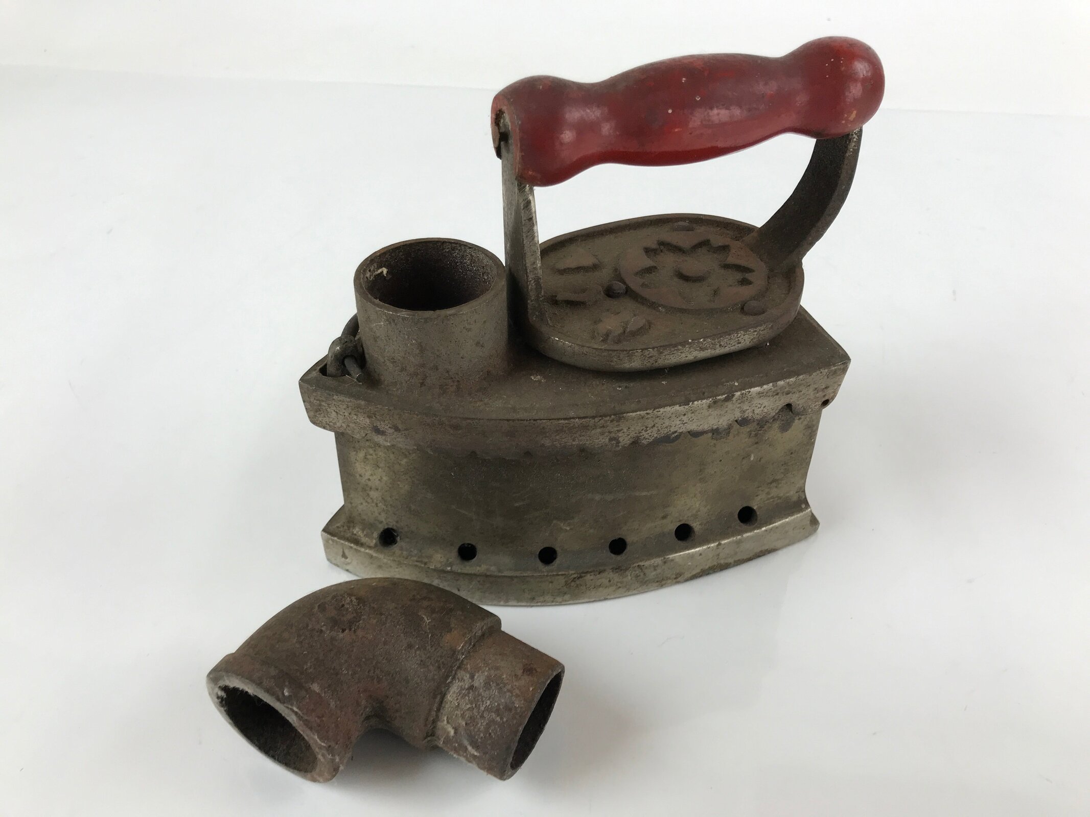 Antique 1900 Japanese Sad Iron Charcoal Chimney Wood Handle Cherry Blossom JK687