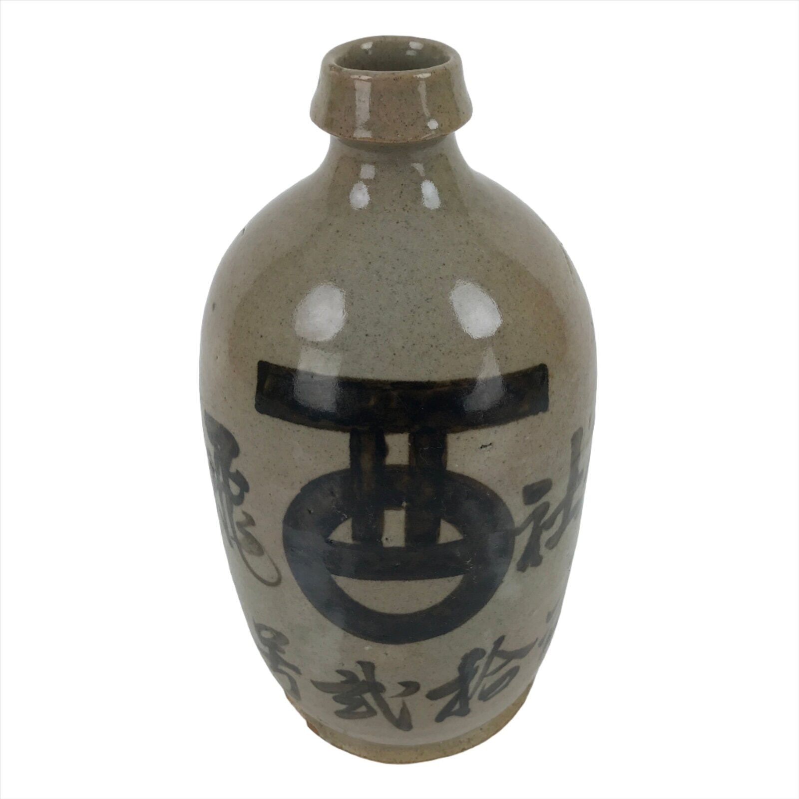 Antique C1880 Japanese Ceramic Sake Bottle Kayoi-Tokkuri Black Kanji Gray TS672