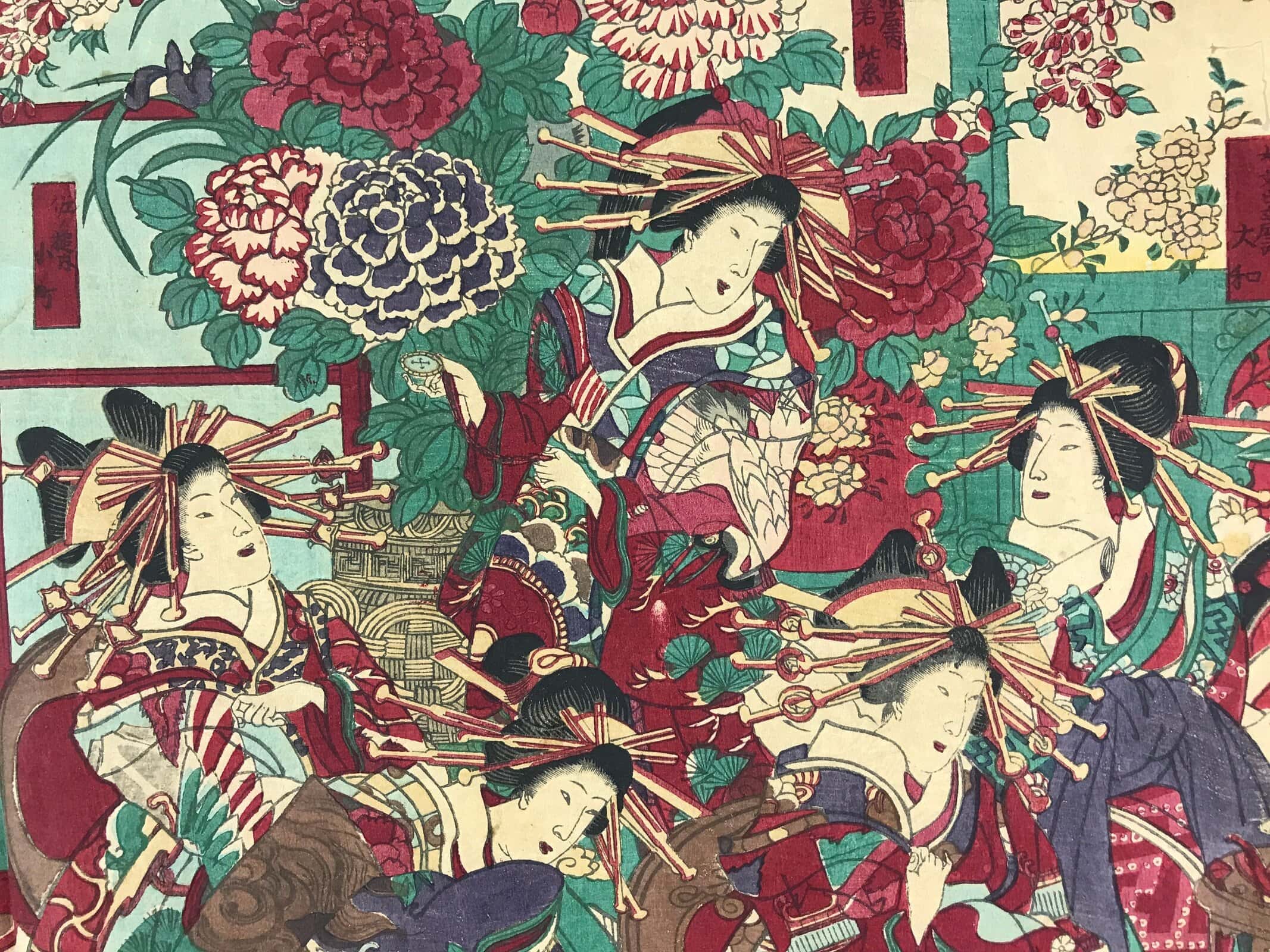 Antique C1880 Japanese Ukiyoe Woodblock Print Chikanobu Yoshu Kabuki FL243