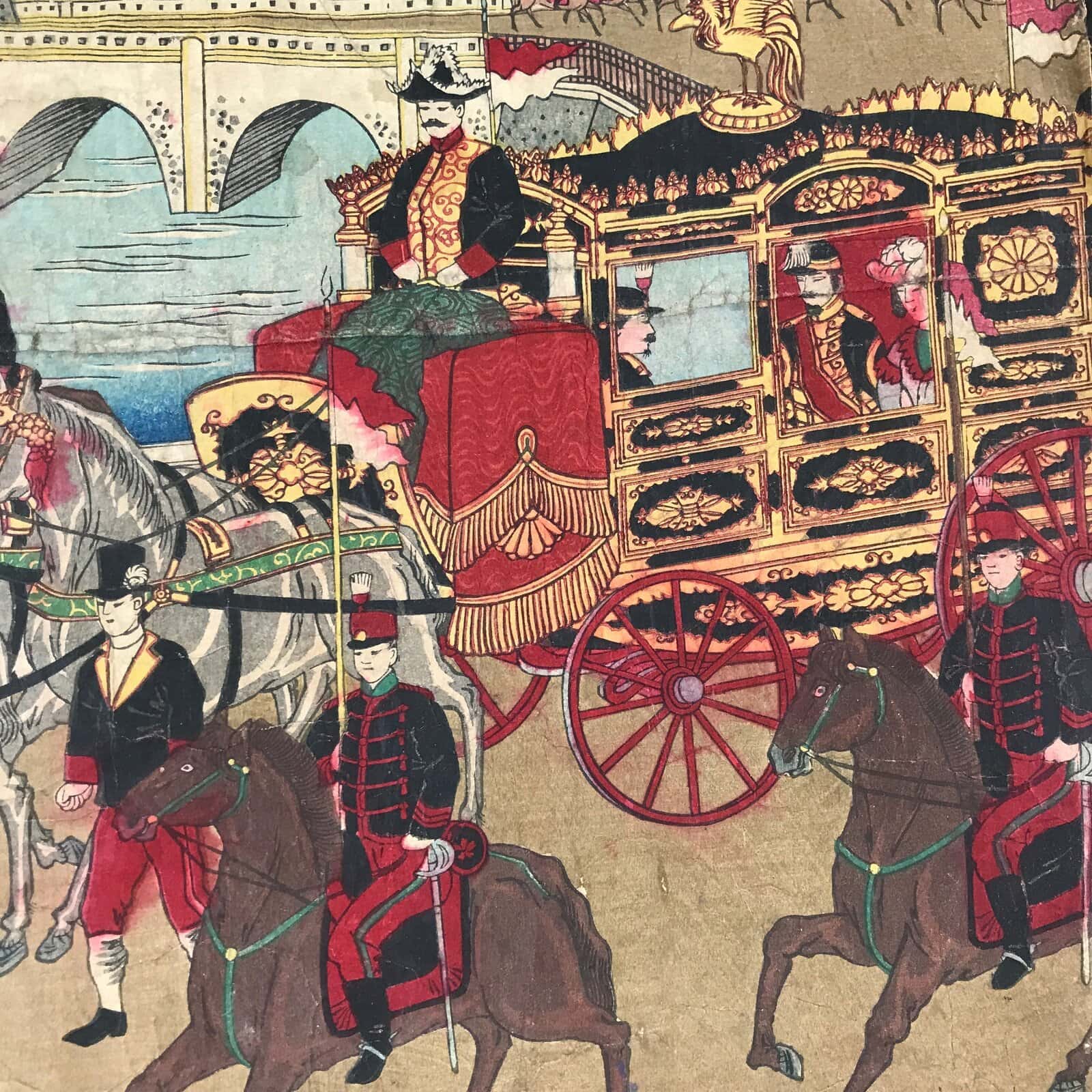 Antique C1880 Japanese Ukiyoe Woodblock Print Gate Of New Imperial Palace FL234