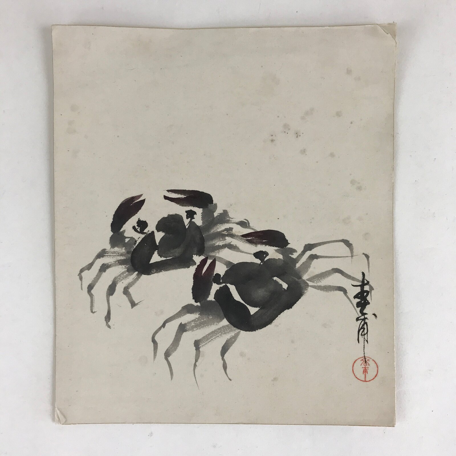 Antique C1900 Japanese Art Paper Small Shikishi Paper Black Ink Picture Crab Kan