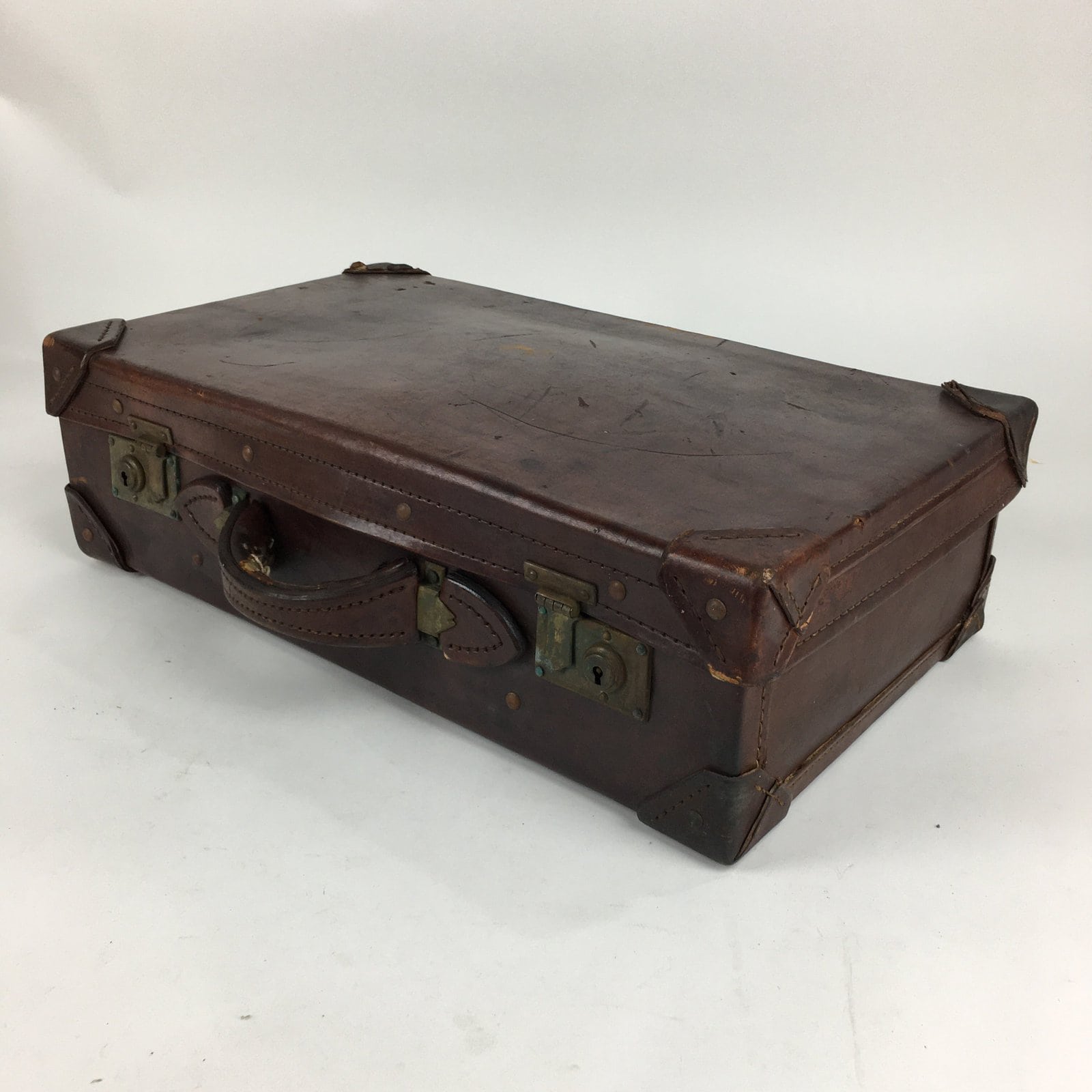 Antique C1900 Japanese Attache Brown Leather Suitcase Briefcase Lock KB33