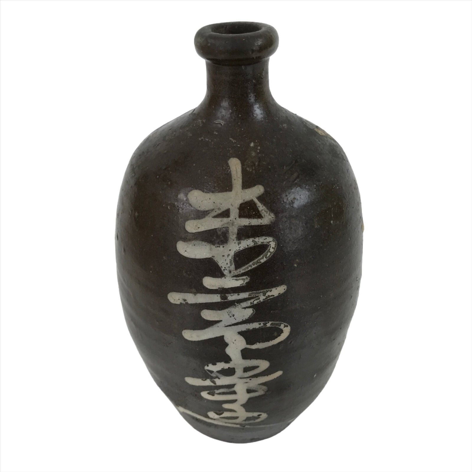 Antique C1900 Japanese Ceramic Sake Bottle Kayoi-Tokkuri White Kanji Brown TS674