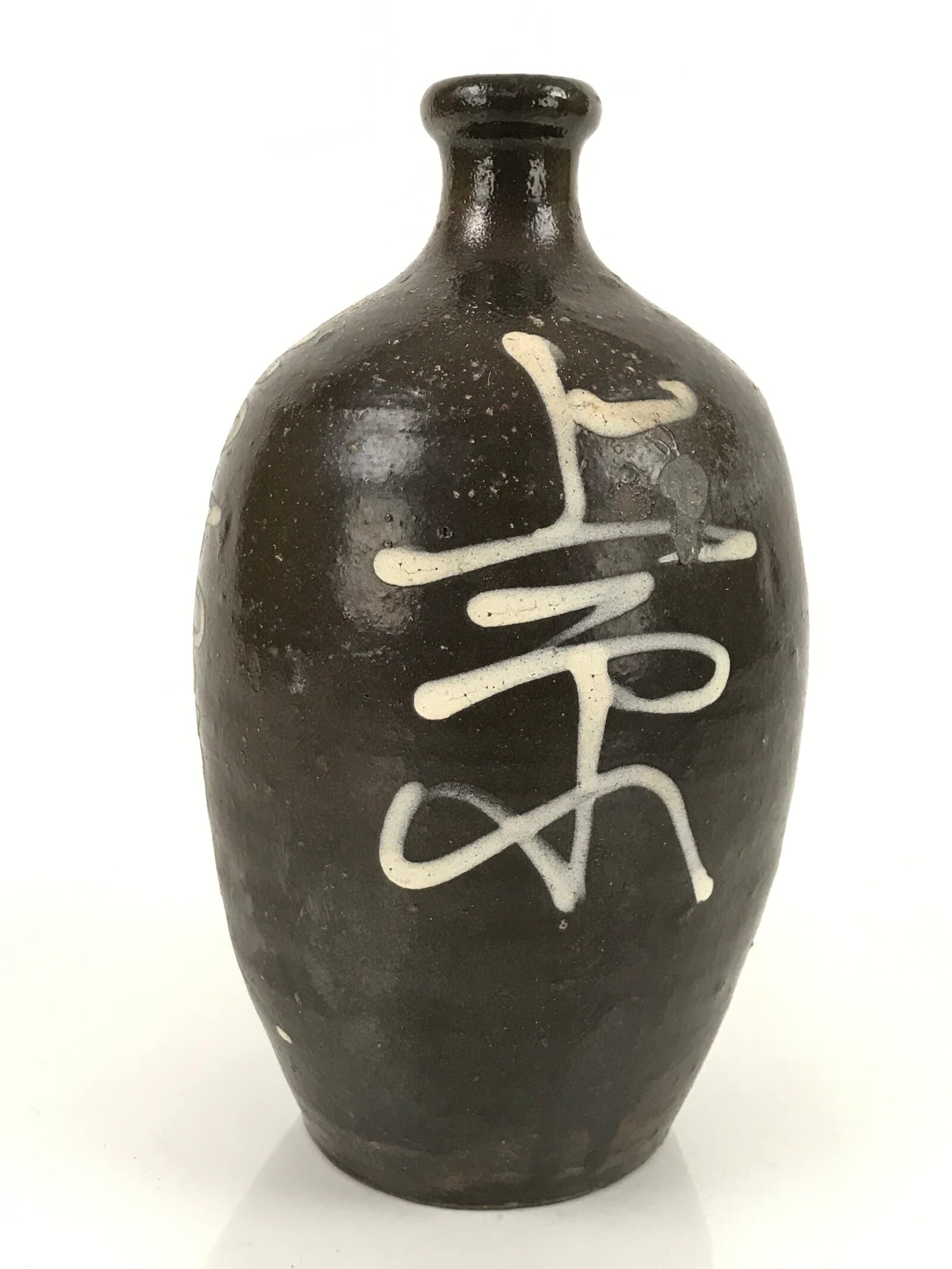 Antique C1900 Japanese Ceramic Sake Bottle Kayoi-Tokkuri White Kanji Brown TS675