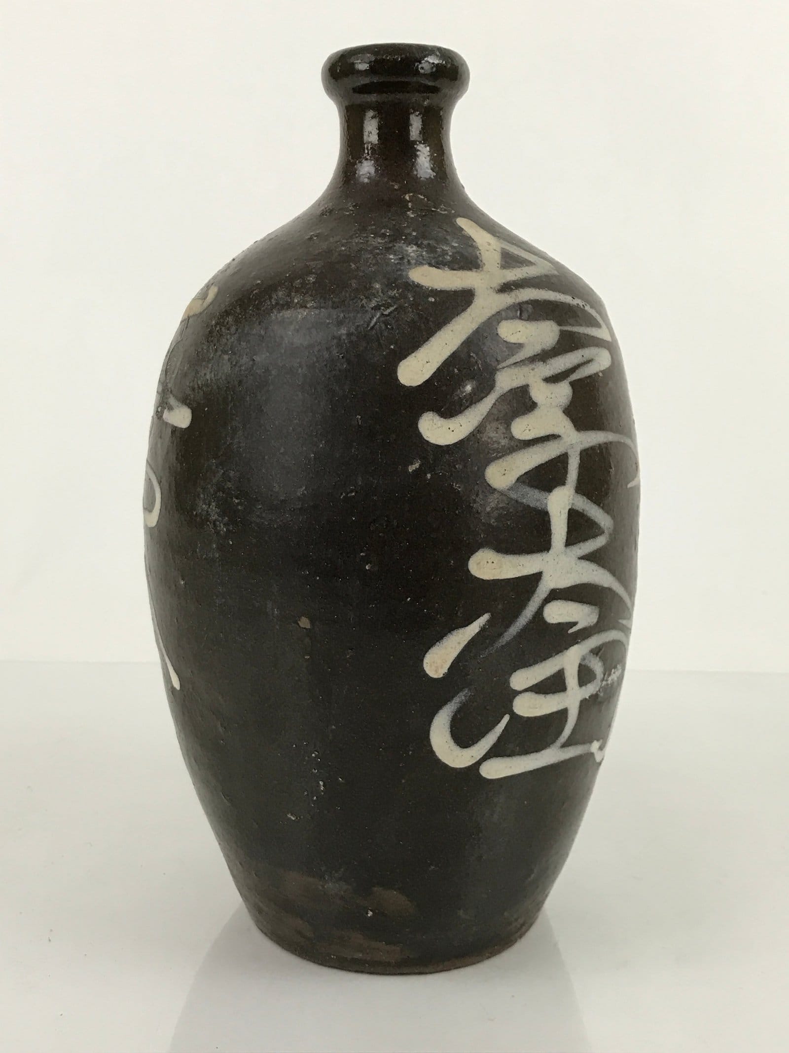 Antique C1900 Japanese Ceramic Sake Bottle Kayoi-Tokkuri White Kanji Brown TS675