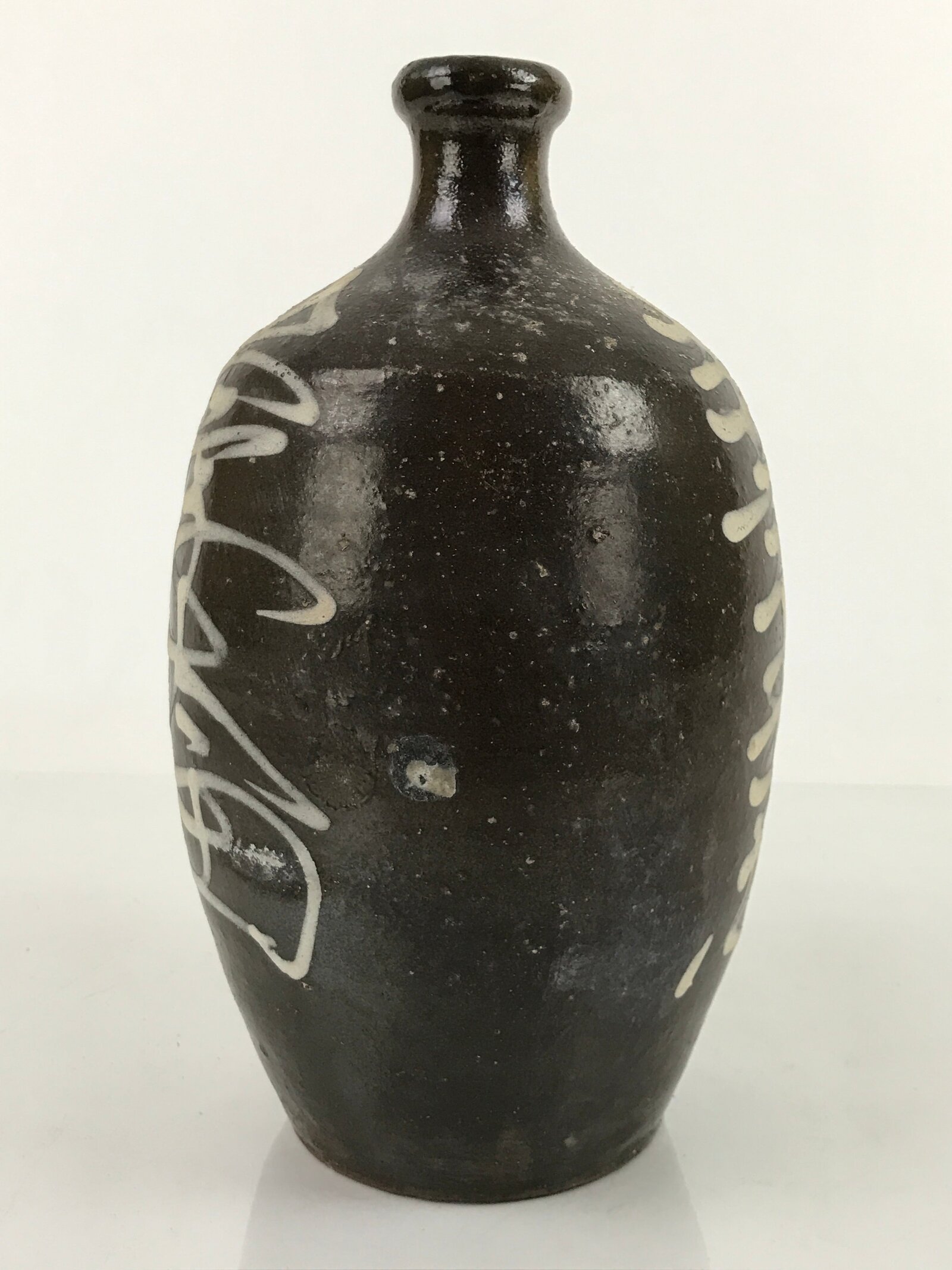 Antique C1900 Japanese Ceramic Sake Bottle Kayoi-Tokkuri White Kanji Brown TS675