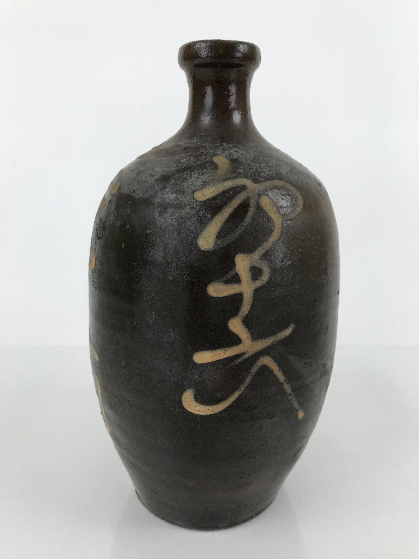 Antique C1900 Japanese Ceramic Sake Bottle Kayoi-Tokkuri White Kanji Brown TS677