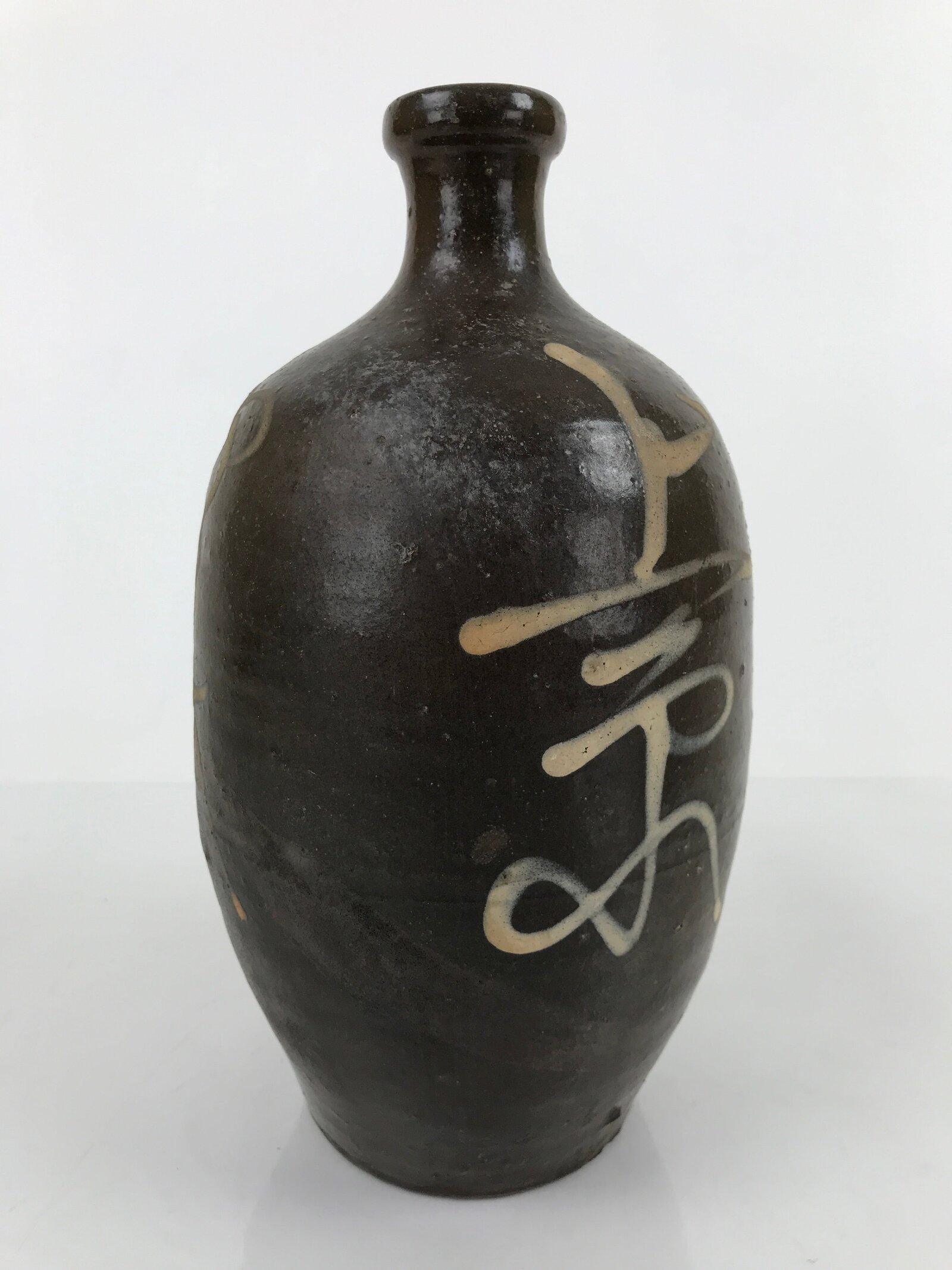 Antique C1900 Japanese Ceramic Sake Bottle Kayoi-Tokkuri White Kanji Brown TS677