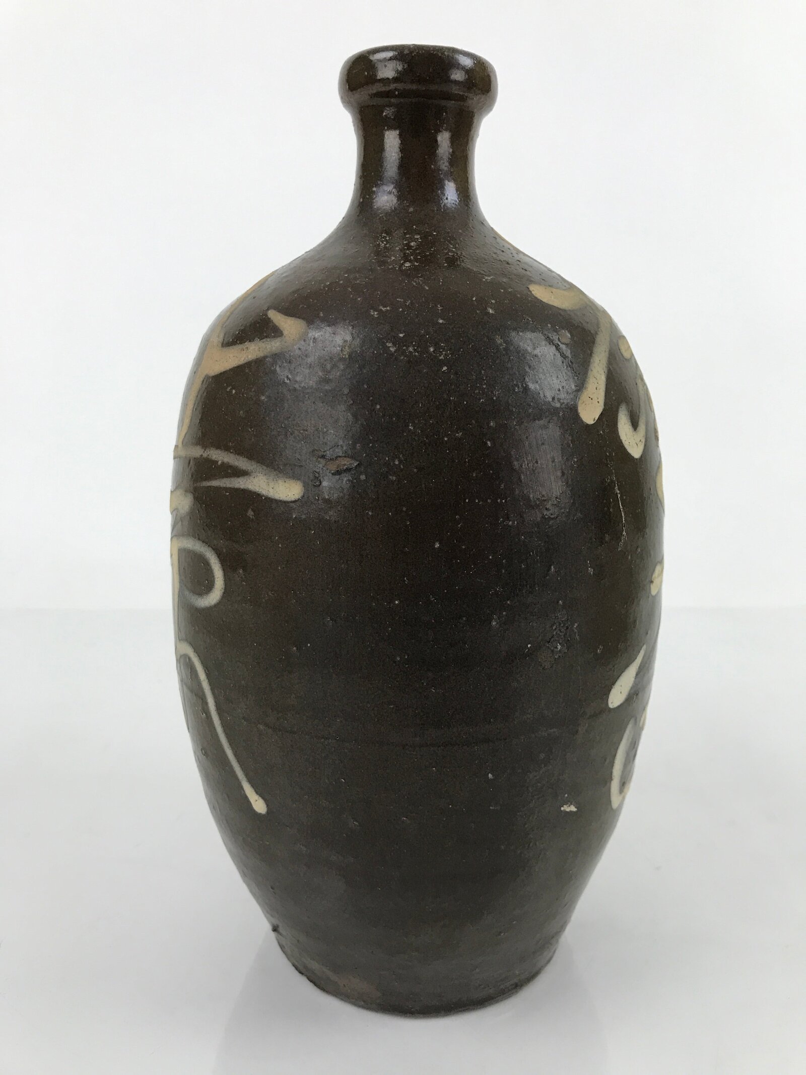 Antique C1900 Japanese Ceramic Sake Bottle Kayoi-Tokkuri White Kanji Brown TS677