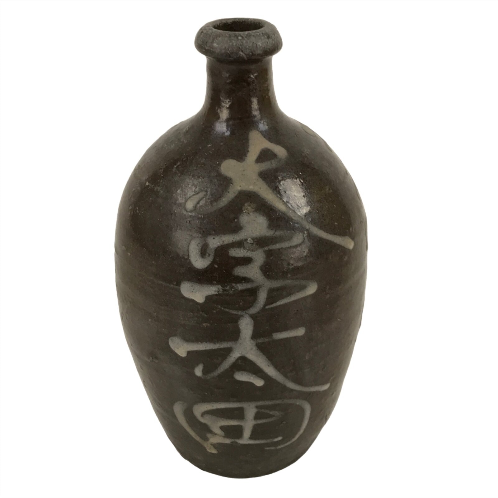 Antique C1900 Japanese Ceramic Sake Bottle Kayoi-Tokkuri White Kanji Brown TS678