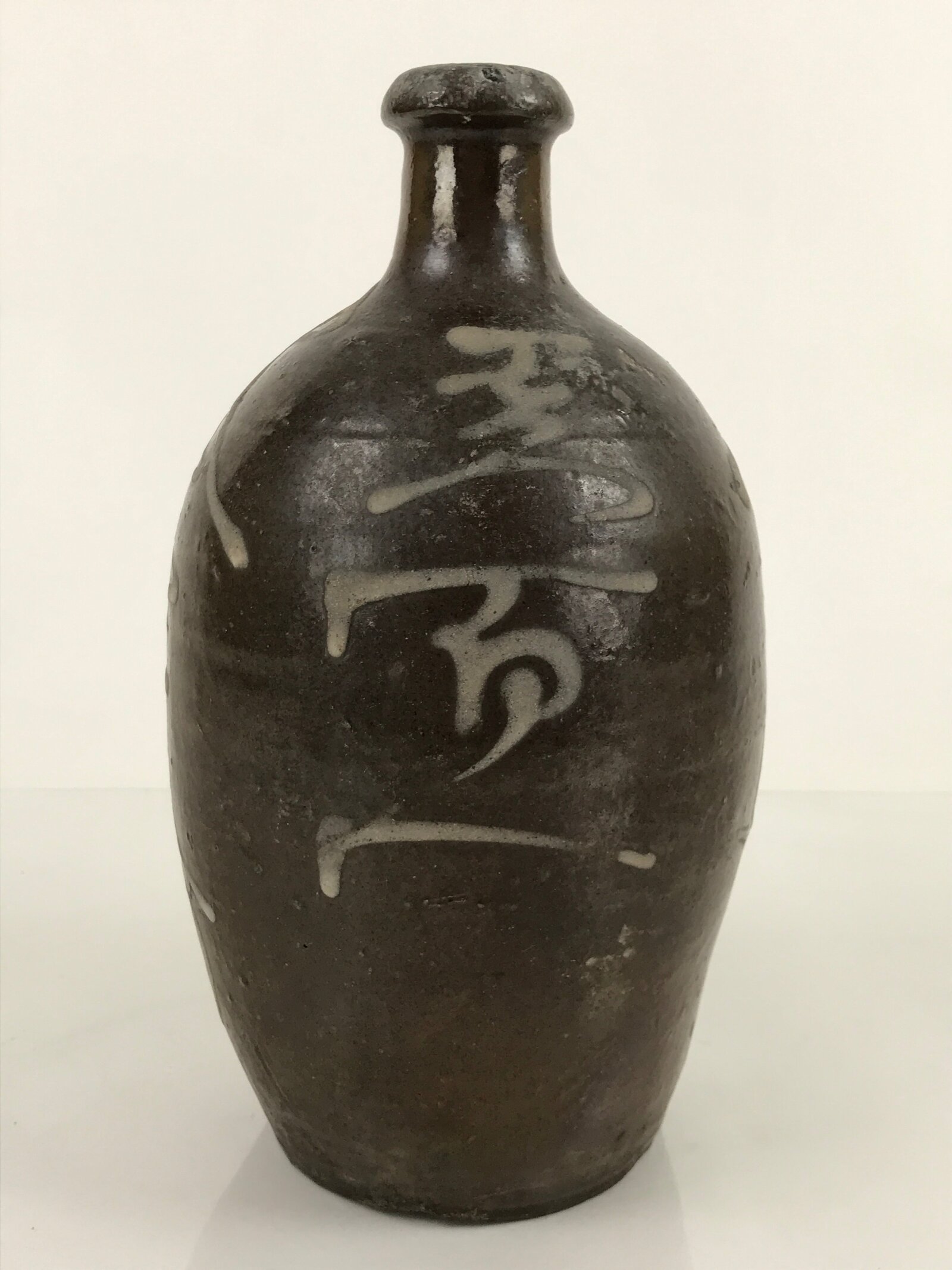 Antique C1900 Japanese Ceramic Sake Bottle Kayoi-Tokkuri White Kanji Brown TS678