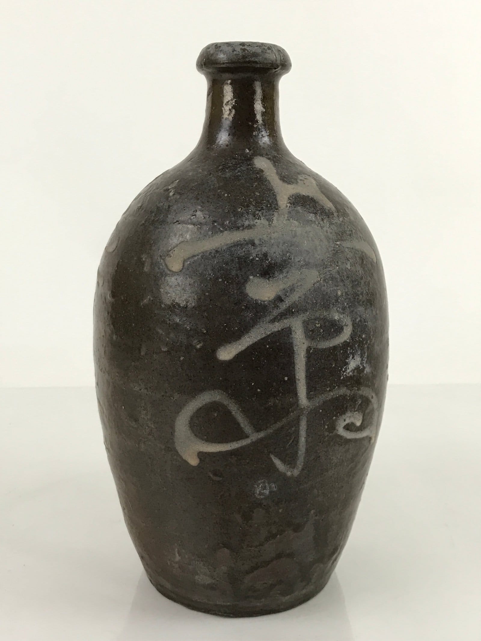 Antique C1900 Japanese Ceramic Sake Bottle Kayoi-Tokkuri White Kanji Brown TS678