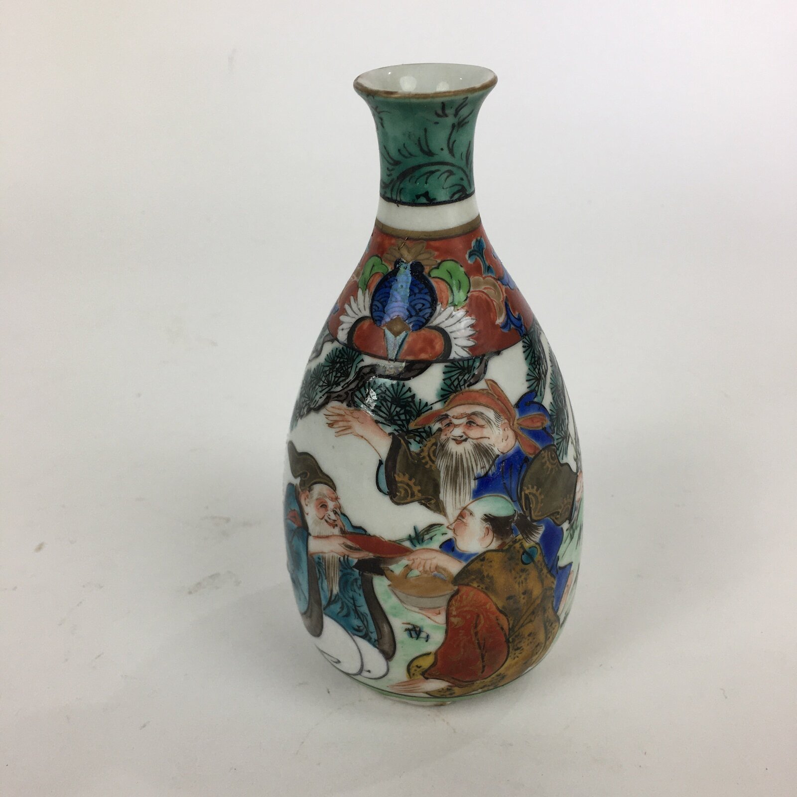 Antique C1900 Japanese Porcelain Kutani Ware Hand-drawn Sake Bottle Tokkuri TS32