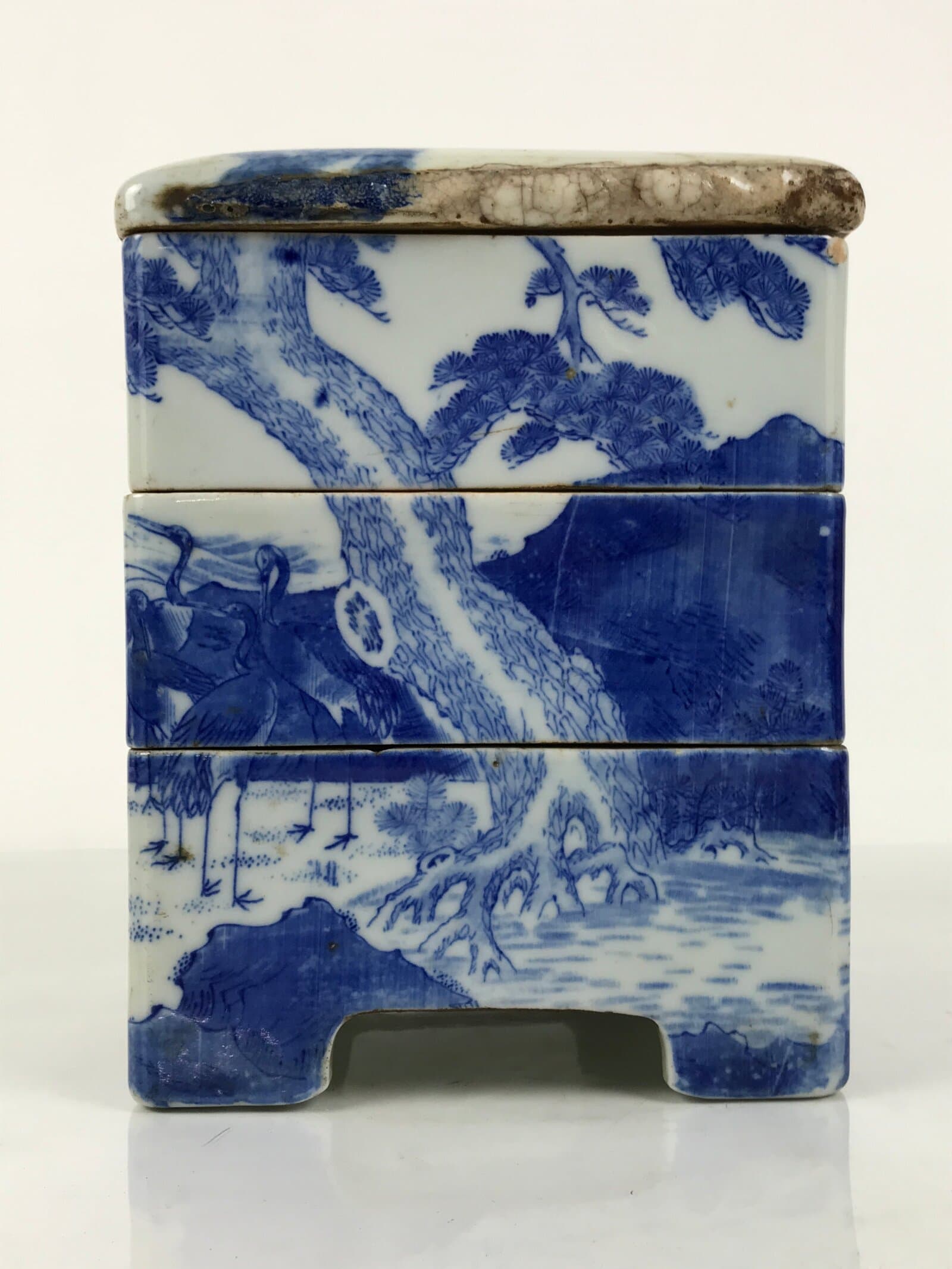 Antique C1900 Japanese Porcelain Lidded 3-Tier Bento Box Jubako Cranes Pine Y507