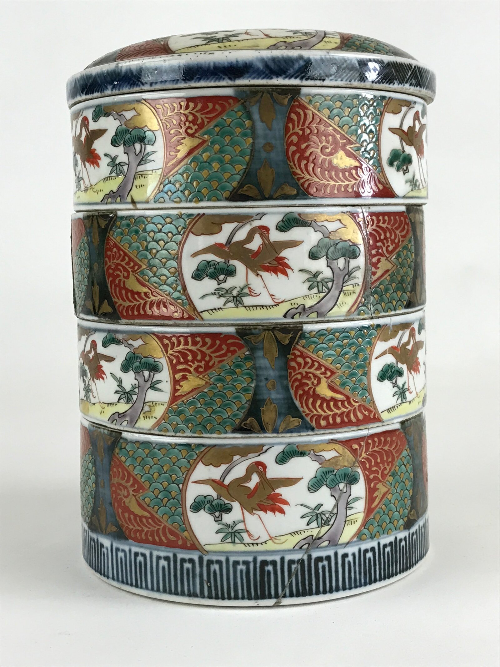 Antique C1900 Japanese Porcelain Lidded 4-tiered Bento Box Jubako Crane PY295