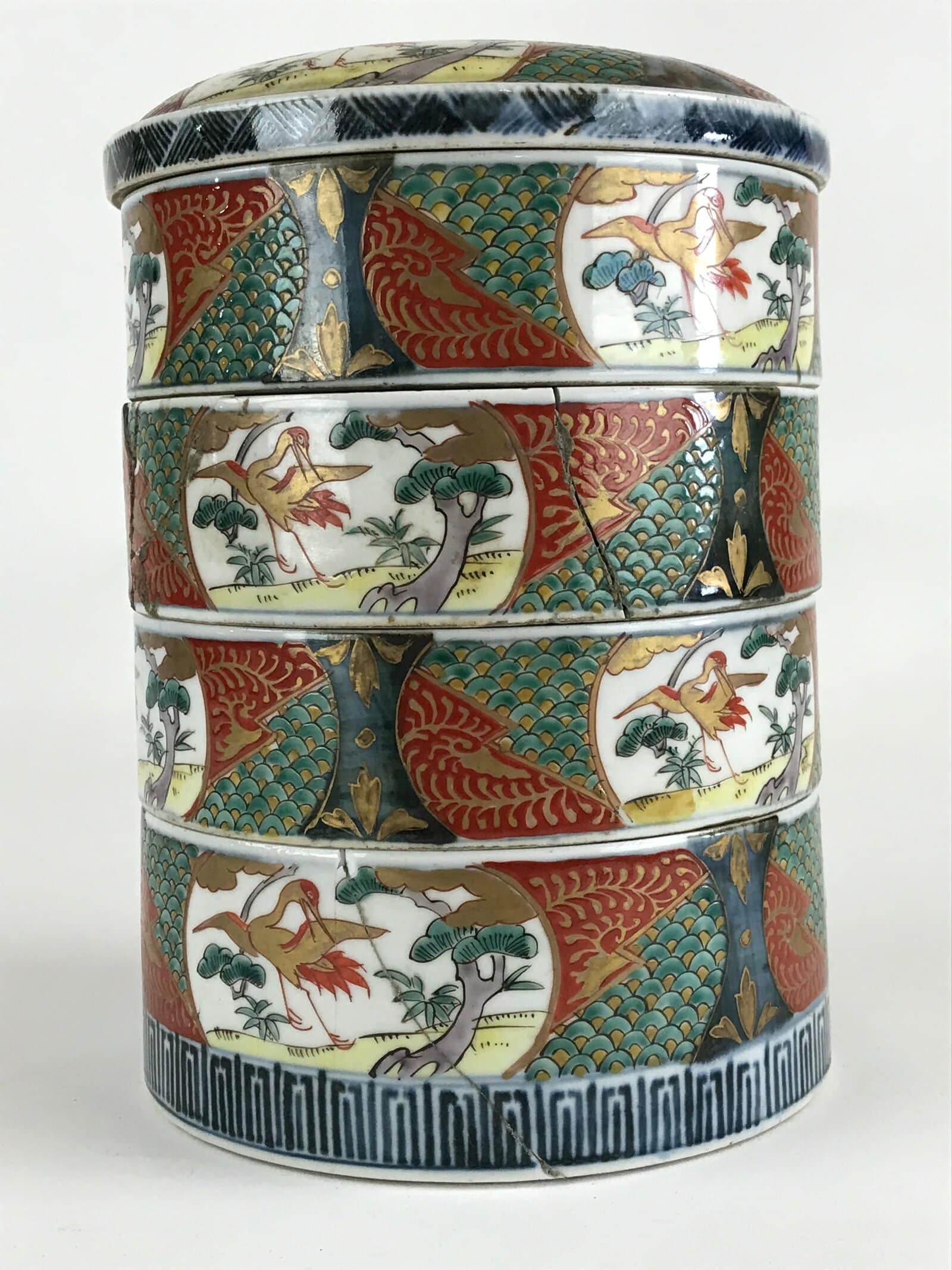 Antique C1900 Japanese Porcelain Lidded 4-tiered Bento Box Jubako Crane PY295