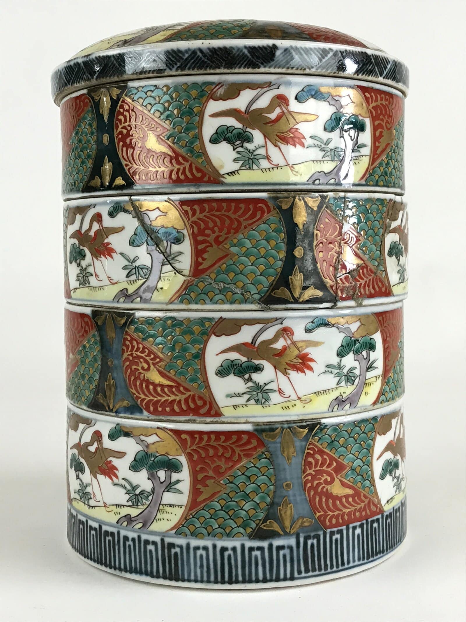 Antique C1900 Japanese Porcelain Lidded 4-tiered Bento Box Jubako Crane PY295