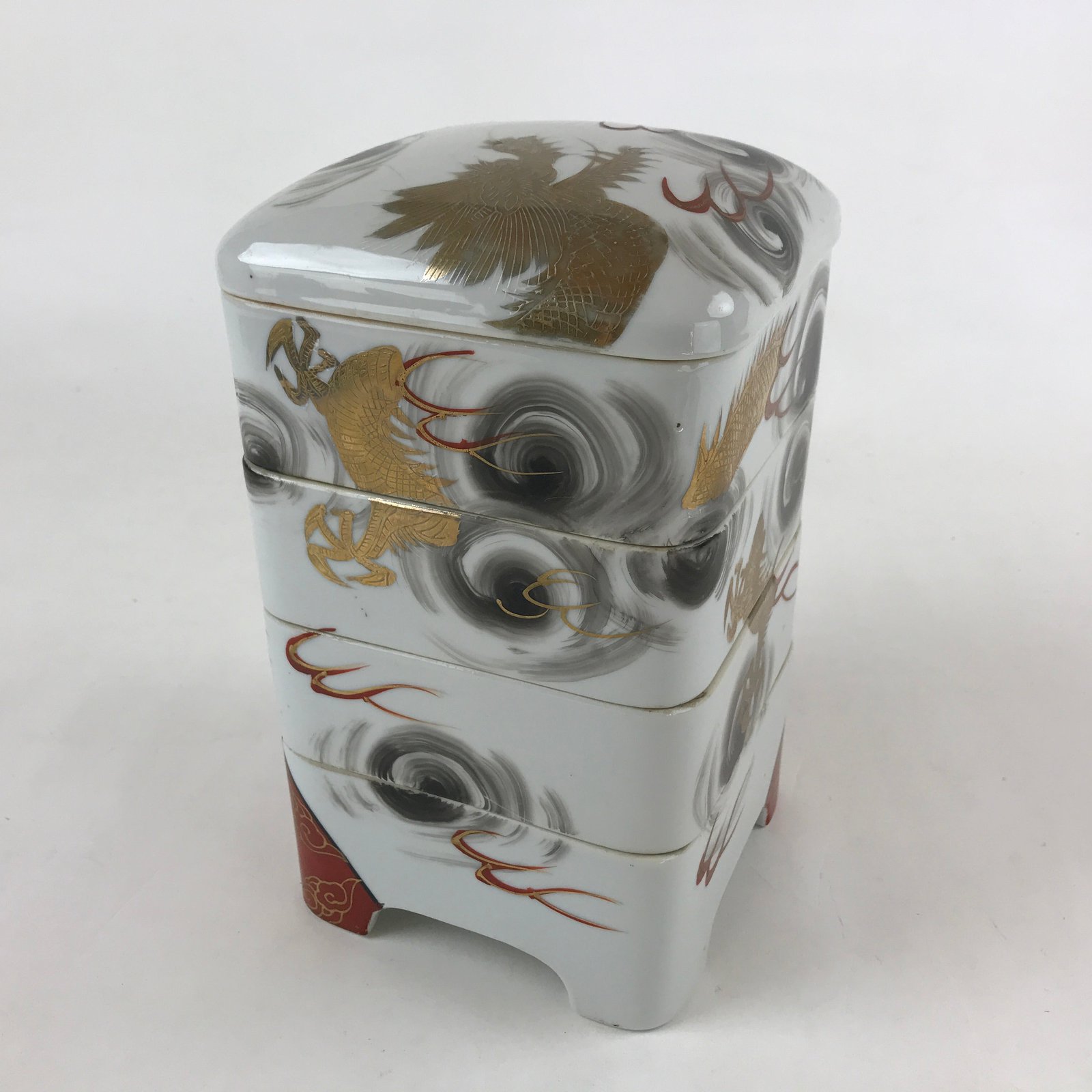 Antique C1900 Japanese Porcelain Lidded 4-tiered Bento Box Jubako Dragon PY561