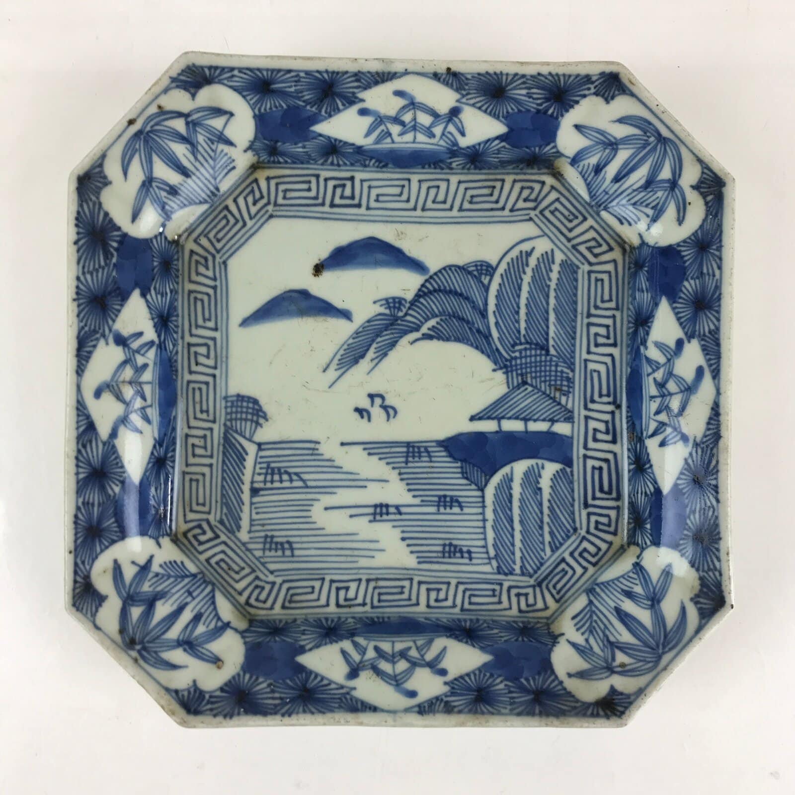 Antique C1900 Japanese Porcelain Plate Blue Sometsuke Mountains Scenery Sansui P
