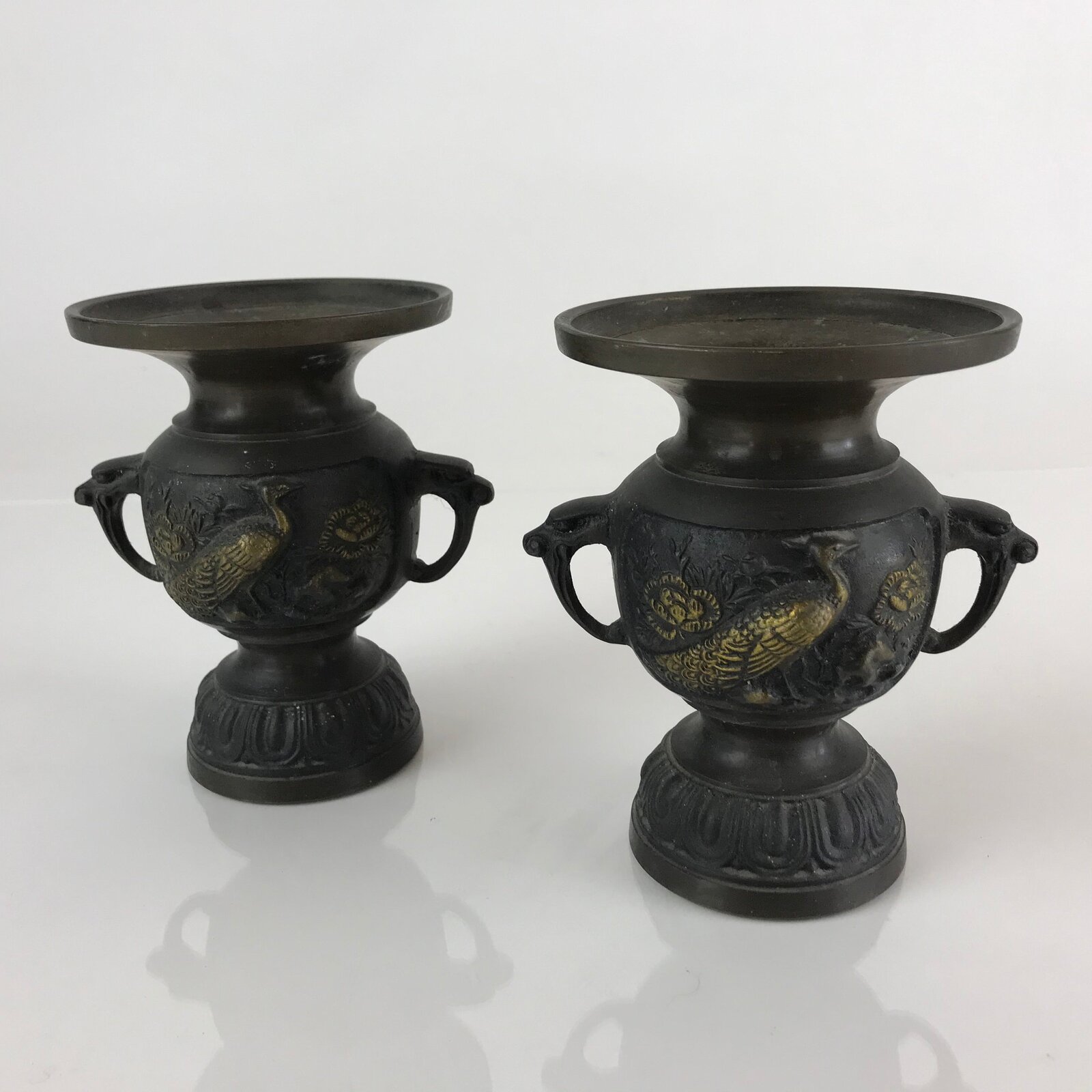 Antique Japanese Bronze Buddhist Altar Fitting Flower Vase 2pc Set Butsudan BU745
