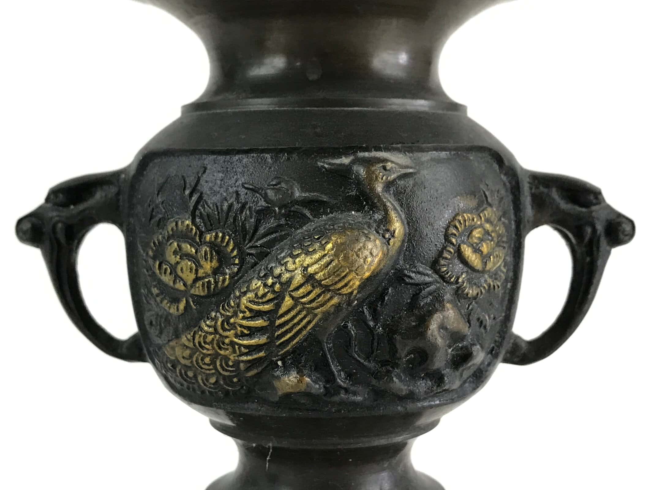 Antique Japanese Bronze Buddhist Altar Fitting Flower Vase 2pc Set Butsudan BU745