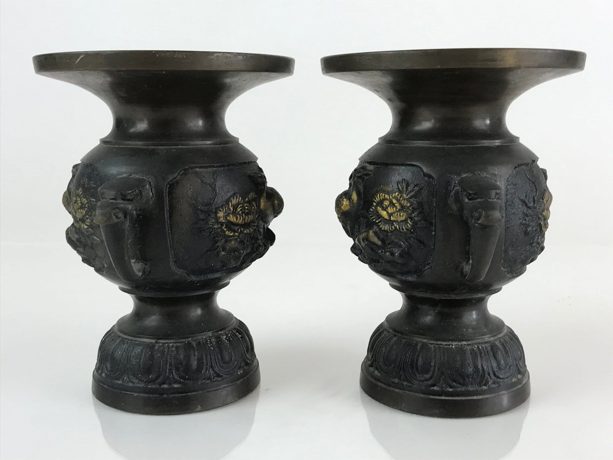 Antique Japanese Bronze Buddhist Altar Fitting Flower Vase 2pc Set Butsudan BU745
