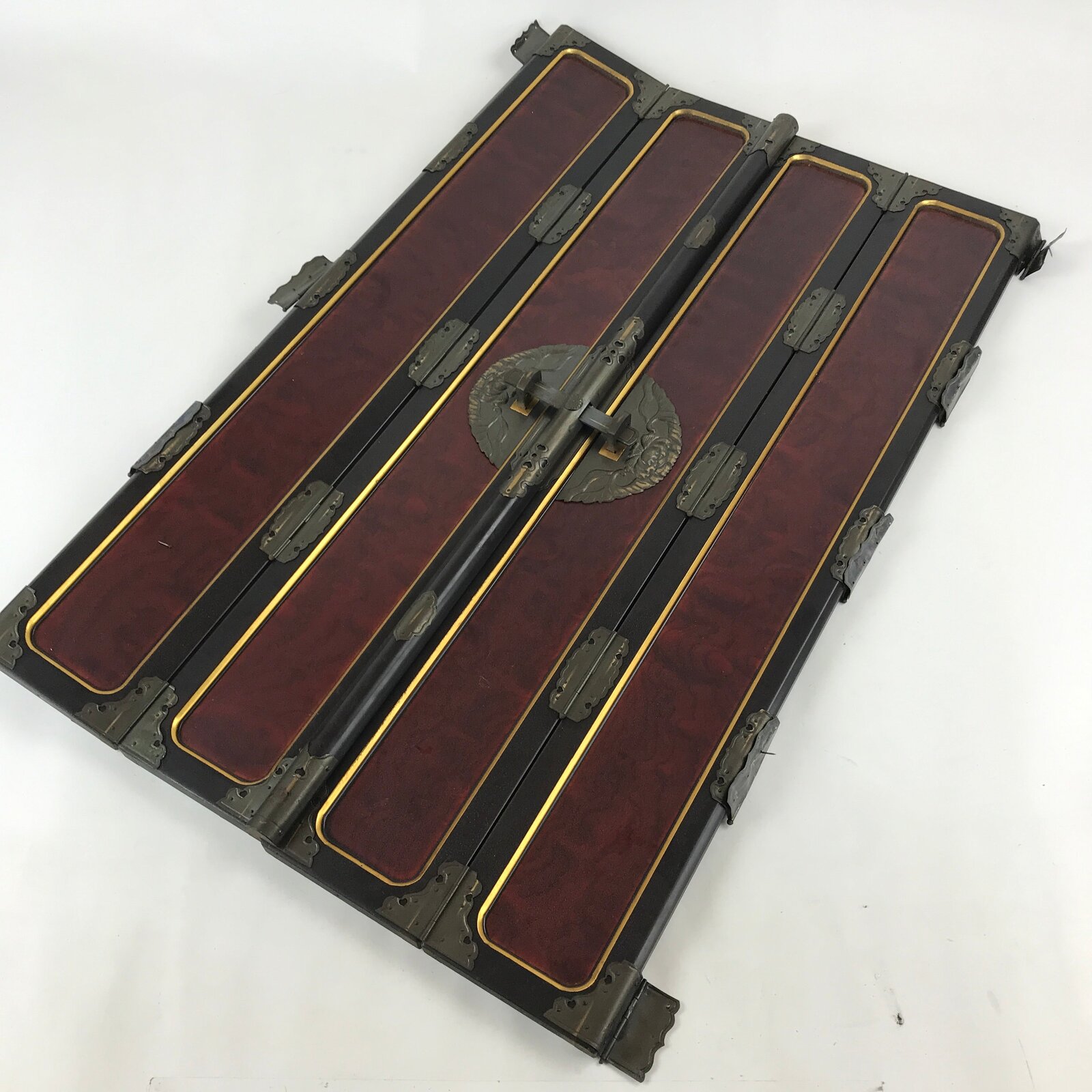 Antique Japanese Buddhist Altar Door 2 piece set Iron Lock Purple Gold Black BA2