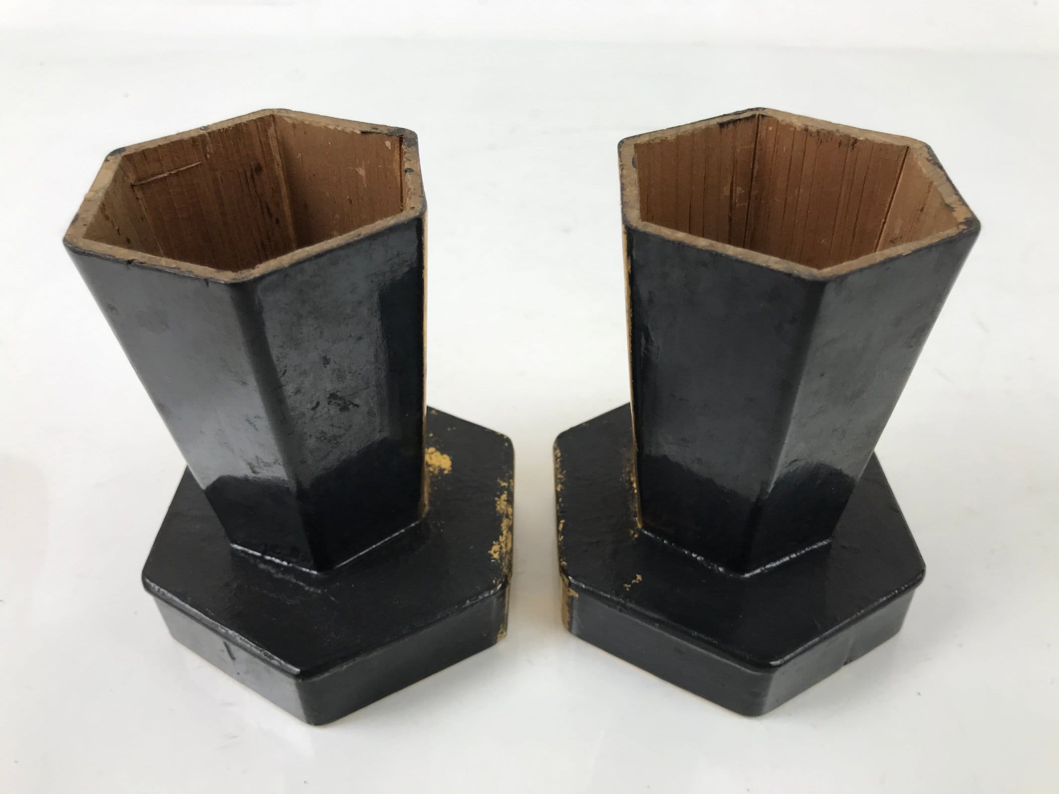 Antique Japanese Buddhist Altar Fitting Wood Kuge Offering Stand 2pc Gold BA525