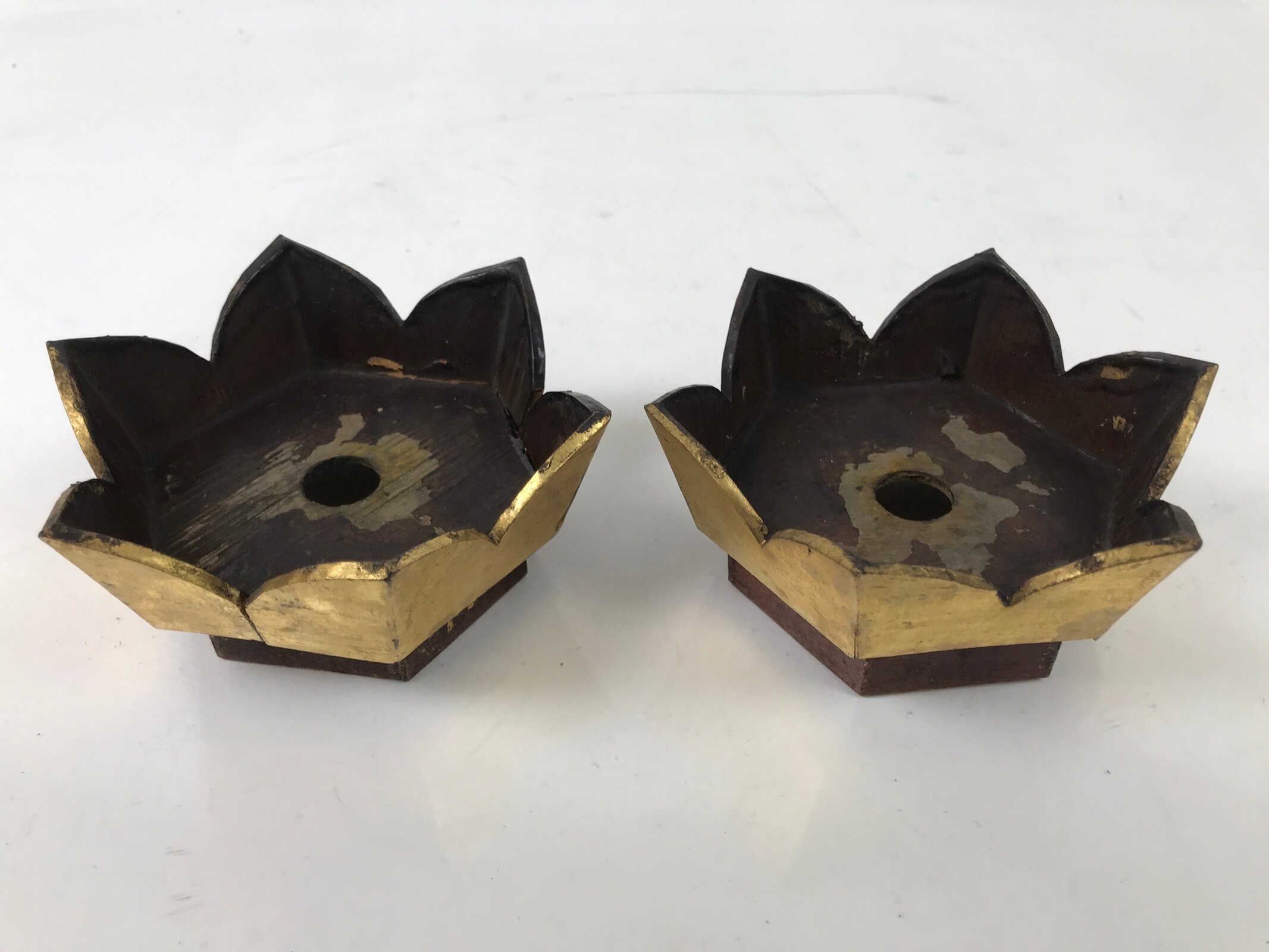 Antique Japanese Buddhist Altar Fitting Wood Kuge Offering Stand 2pc Gold BA525