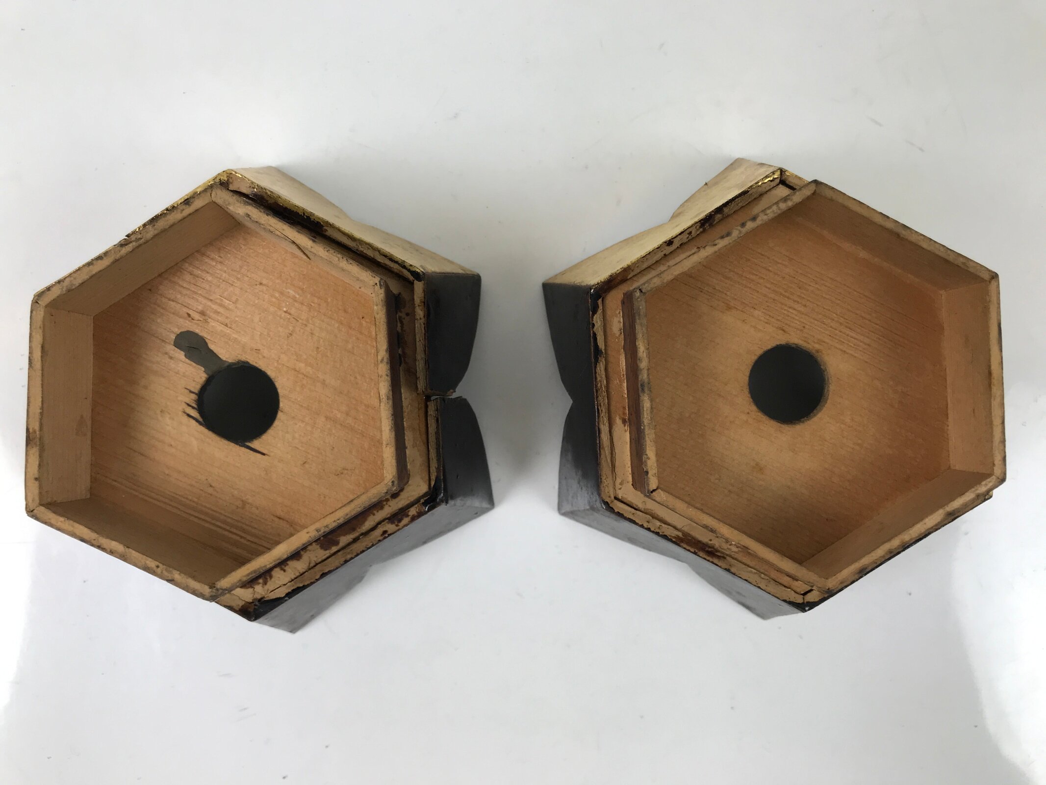 Antique Japanese Buddhist Altar Fitting Wood Kuge Offering Stand 2pc Gold BA525