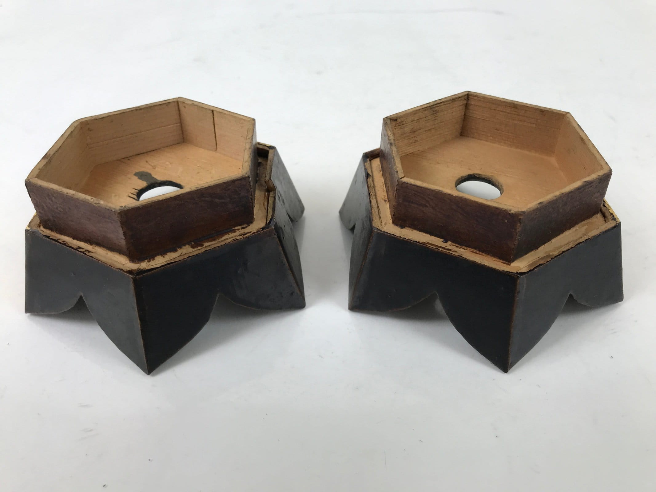 Antique Japanese Buddhist Altar Fitting Wood Kuge Offering Stand 2pc Gold BA525