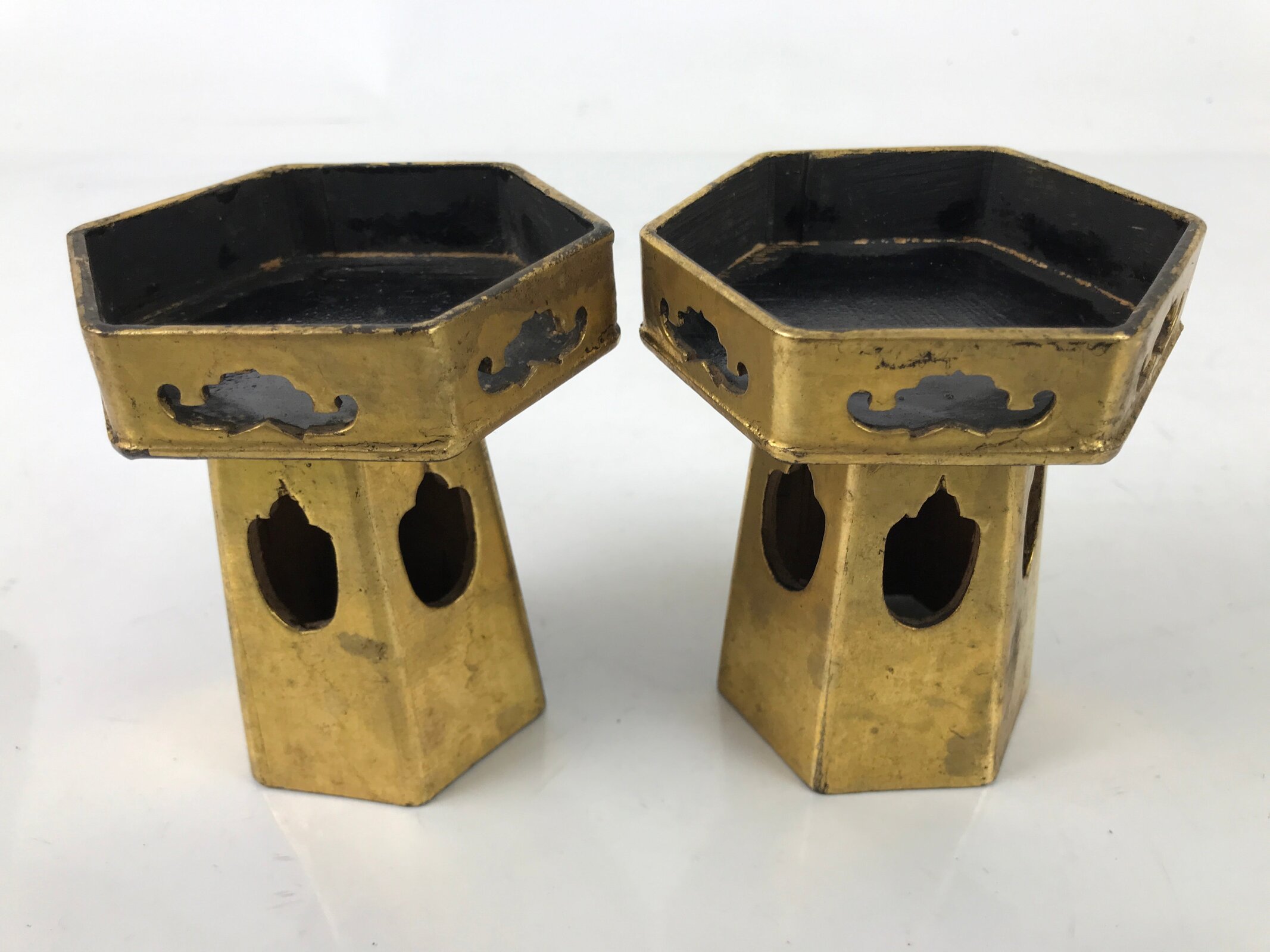 Antique Japanese Buddhist Altar Fitting Wood Kuge Offering Stand 2pc Gold BA525