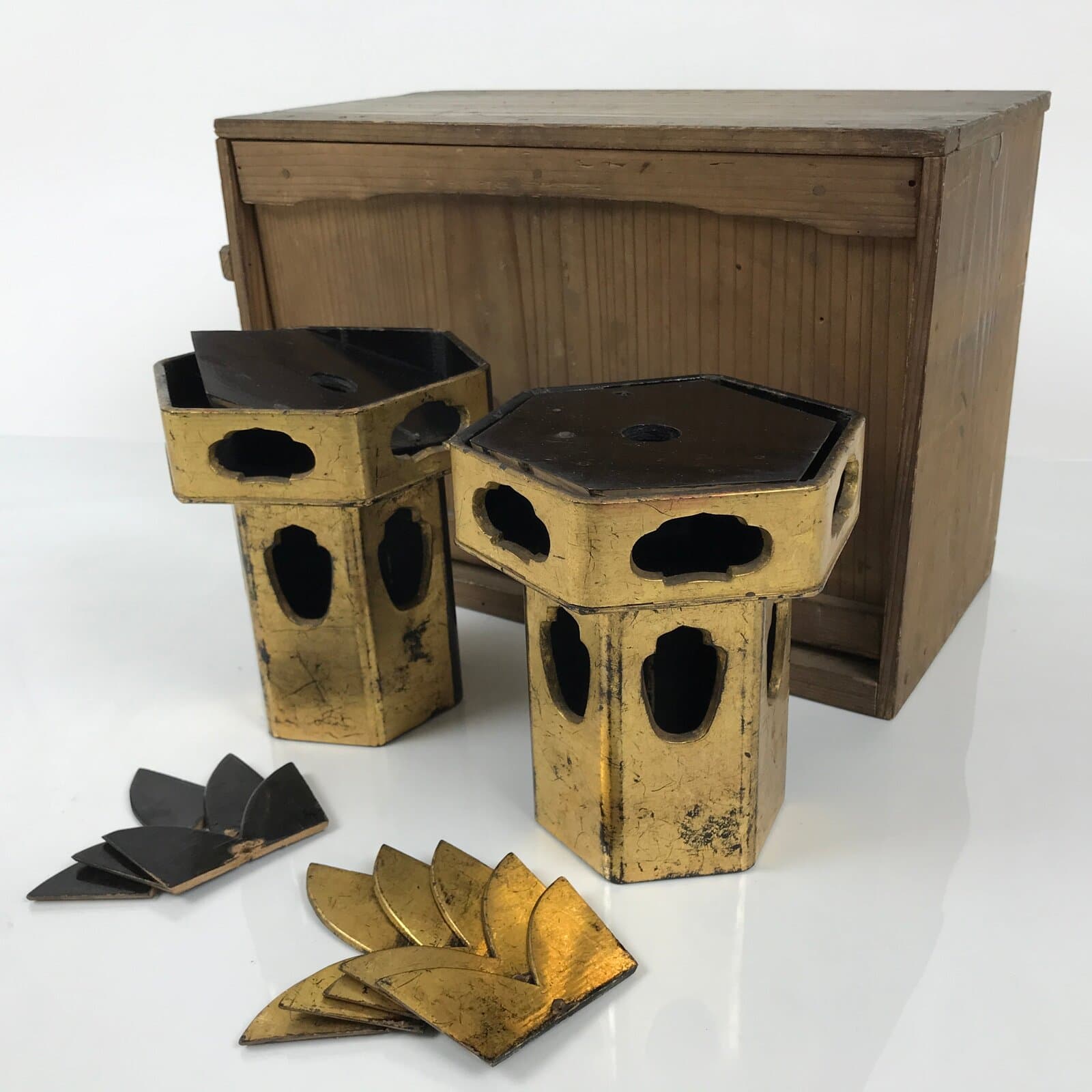 Antique Japanese Buddhist Altar Fitting Wooden Kuge Offering Stand 2pc Box BA816