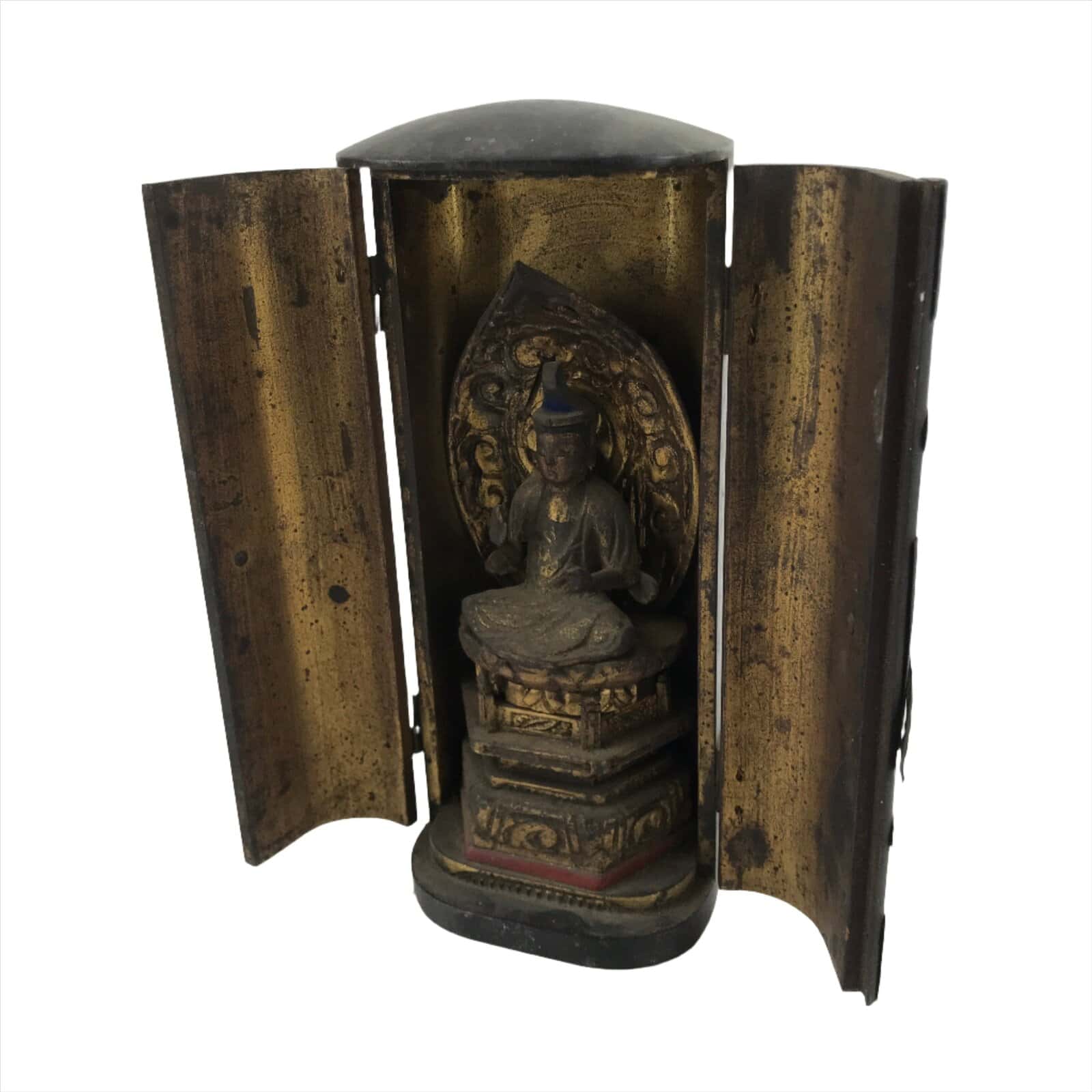 Antique Japanese Buddhist Zushi Shrine W/ Statue Lacquer Wood Black Gold BA311