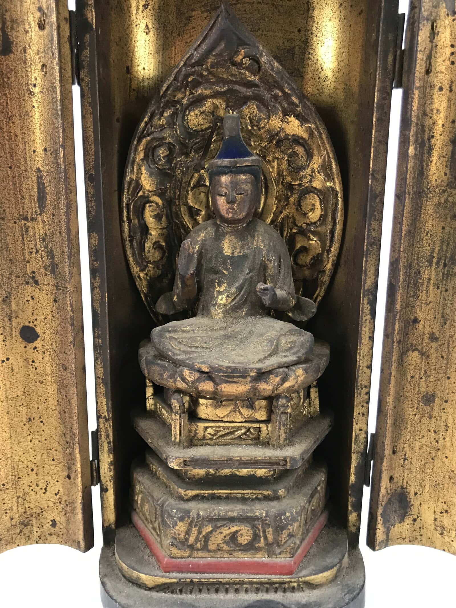 Antique Japanese Buddhist Zushi Shrine W/ Statue Lacquer Wood Black Gold BA311