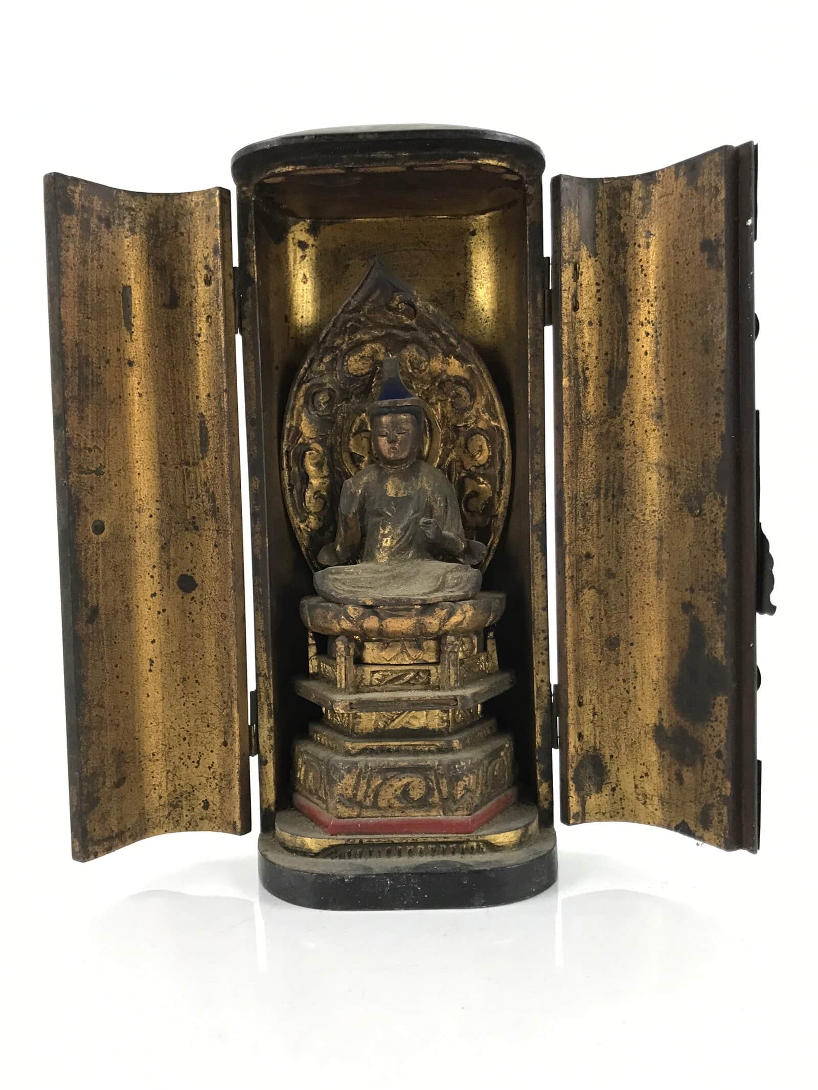 Antique Japanese Buddhist Zushi Shrine W/ Statue Lacquer Wood Black Gold BA311