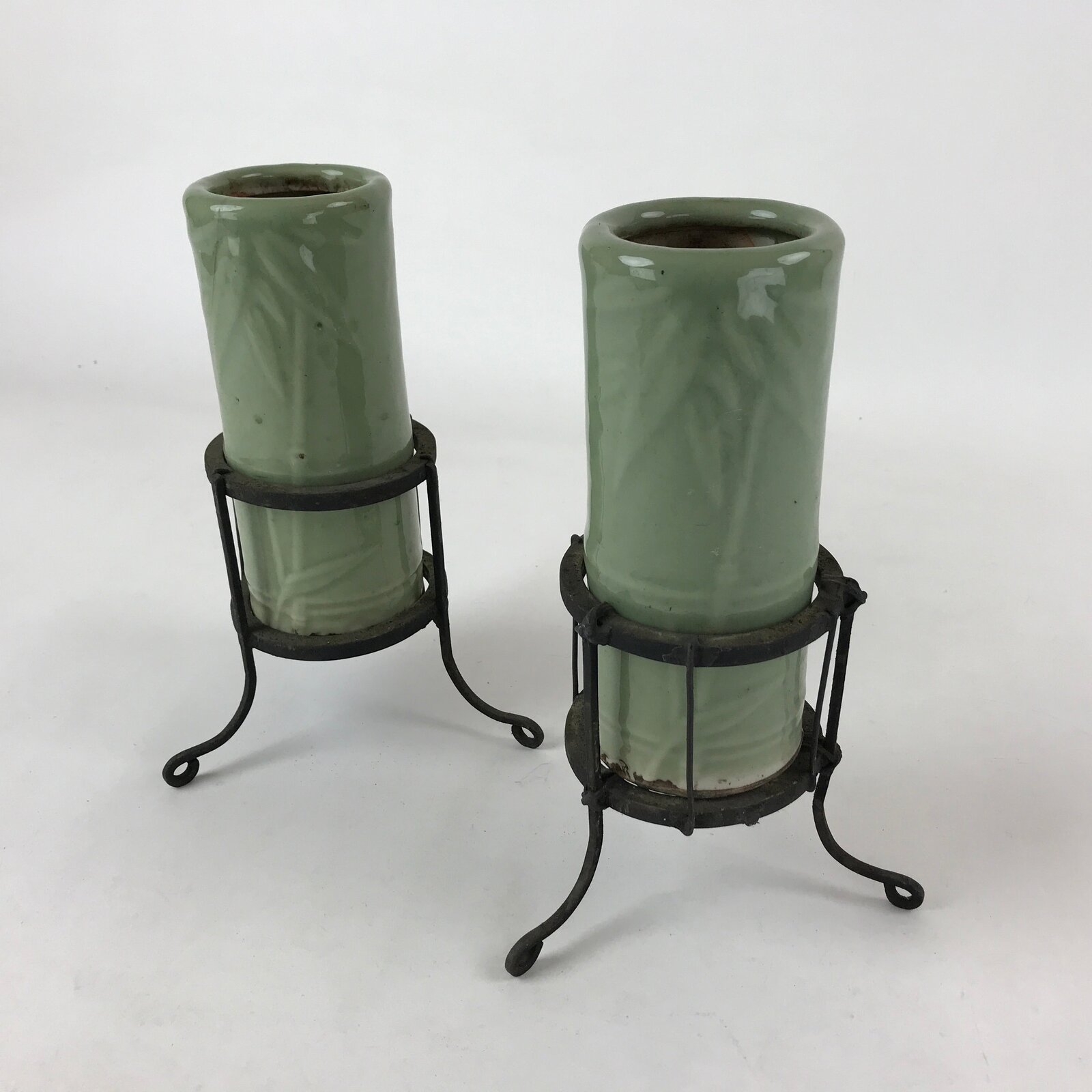 Antique Japanese Ceramic Flower Vase 2pcs Kabin Metal Stand Ikebana Green FK82